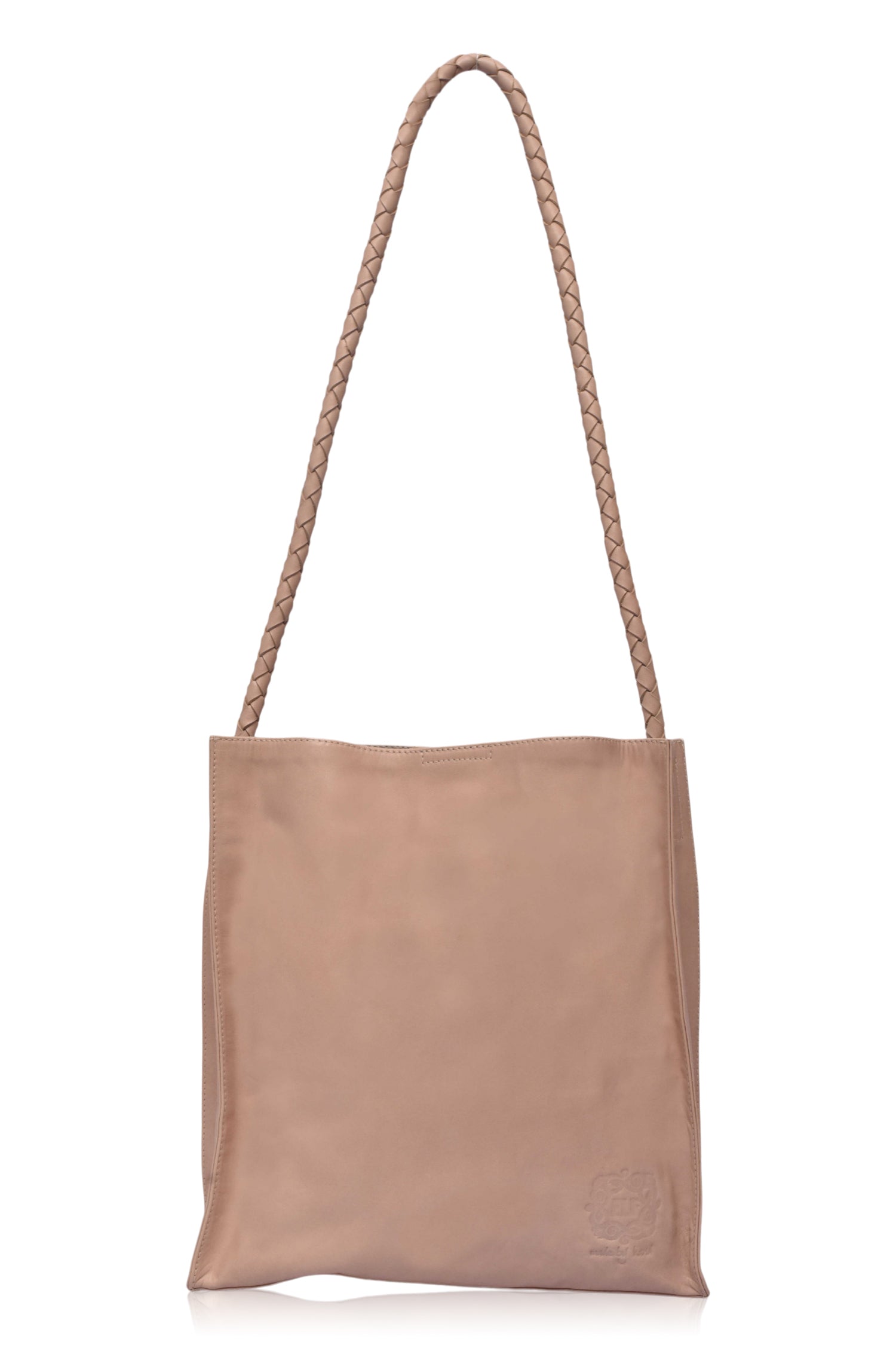 Beige tote bag with a rope handle on a white background