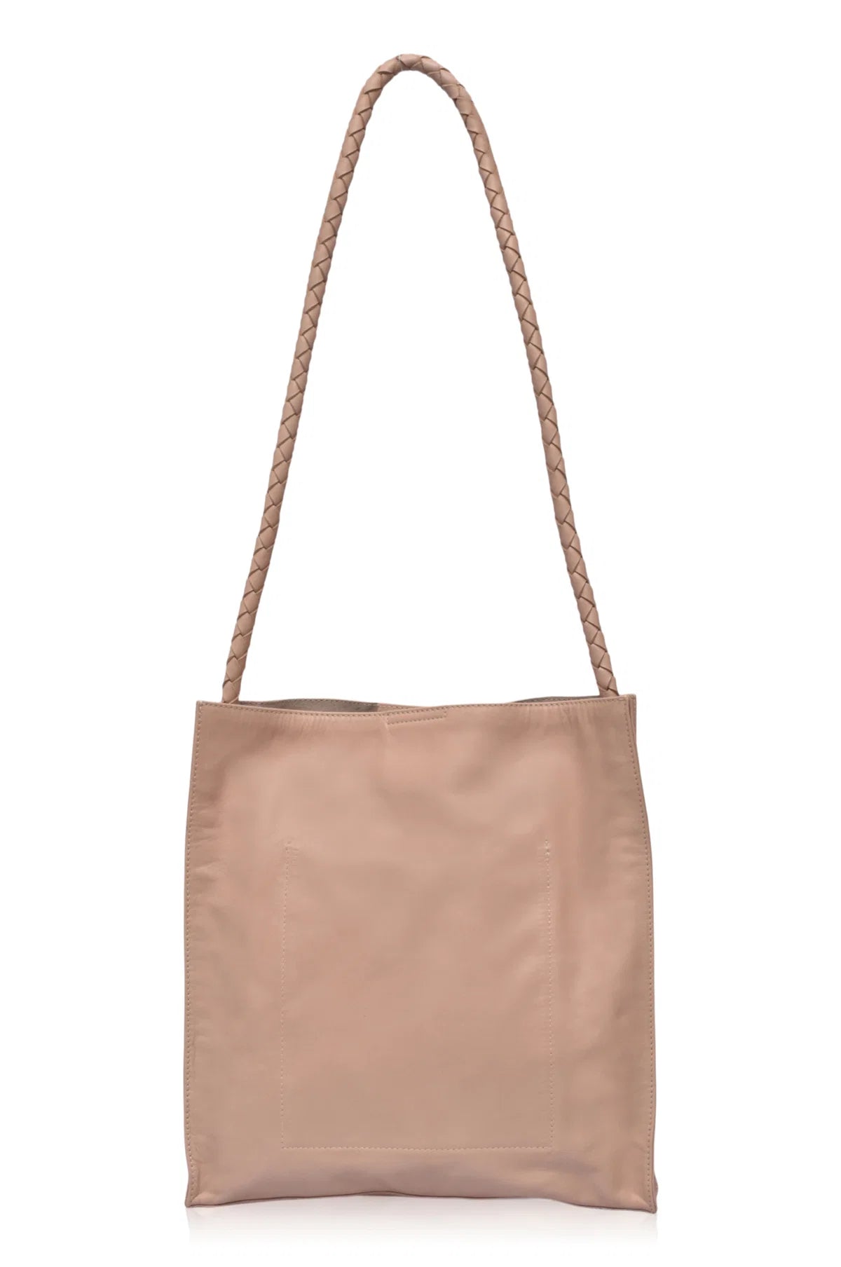 Beige leather tote bag with a rope handle on a white background