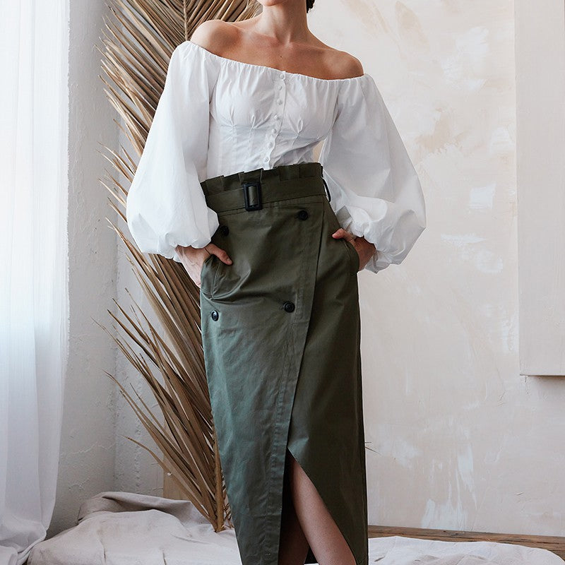 Embrace Cotton Elegance Off The Shoulder Corset Blouse- White-AVAH