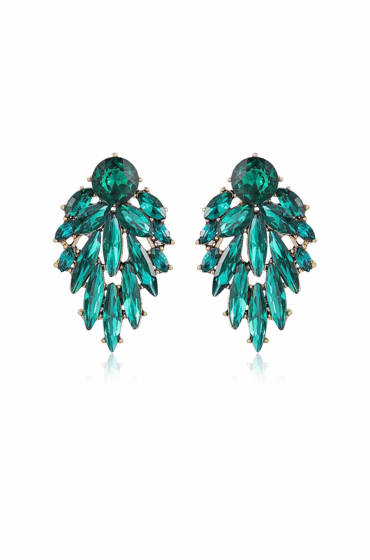 Emerald-green crystal cluster earrings in a tapered leaf-shaped arrangement on white background.