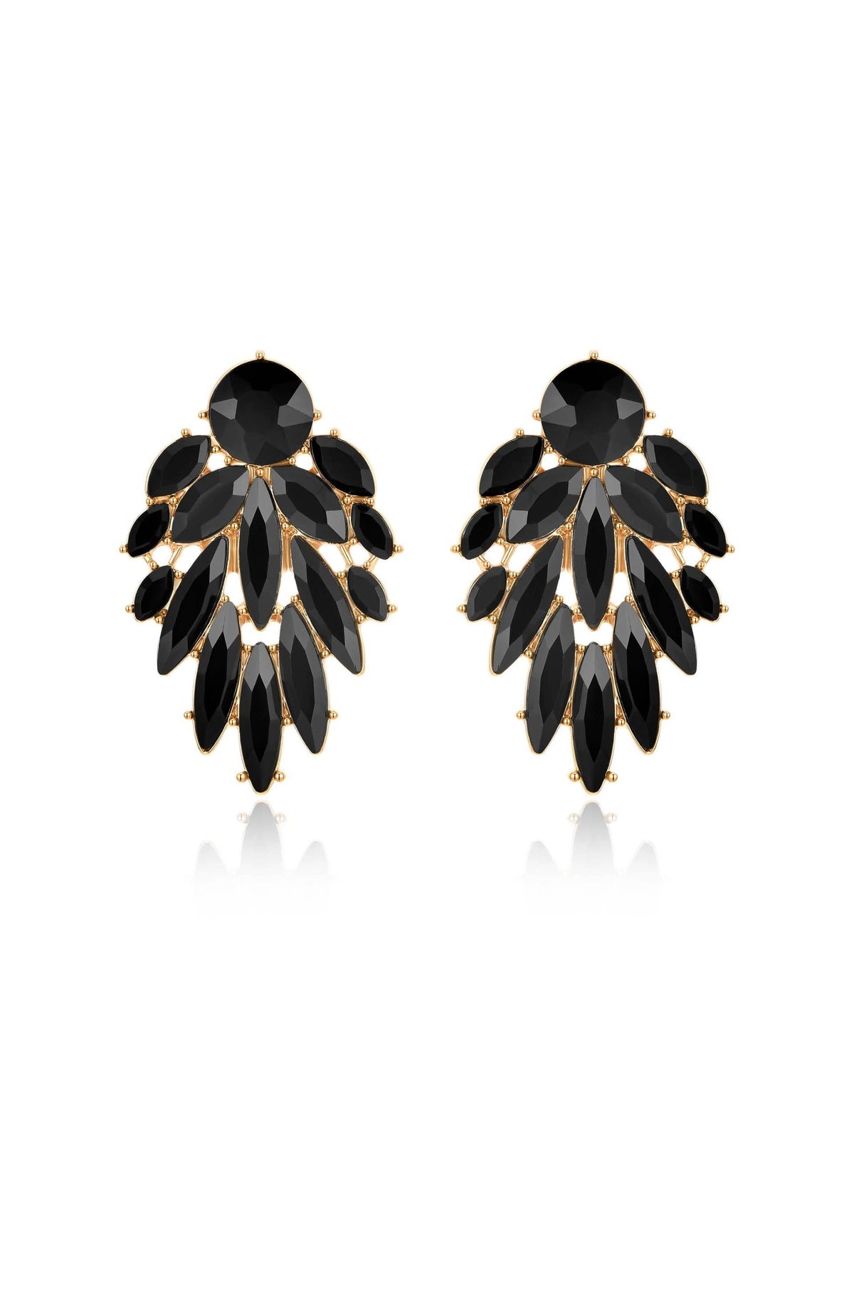 Black crystal plume earrings with gold-tone settings on white background.