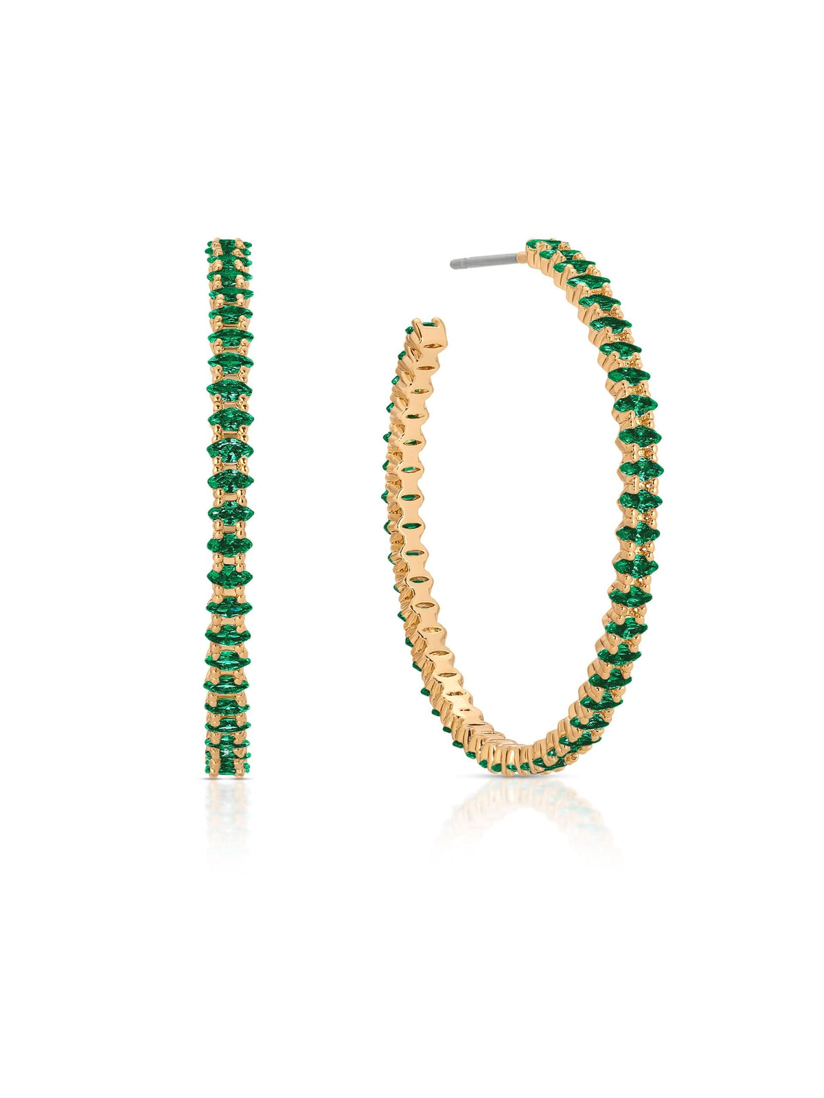 Gold-tone open hoop earrings lined with green marquise-style stones on white background.