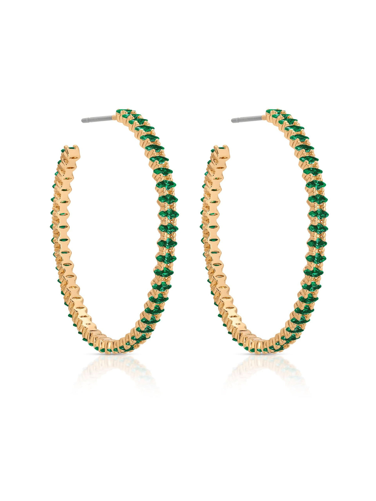 Angled view of green stone open hoops showing post closures on white background.