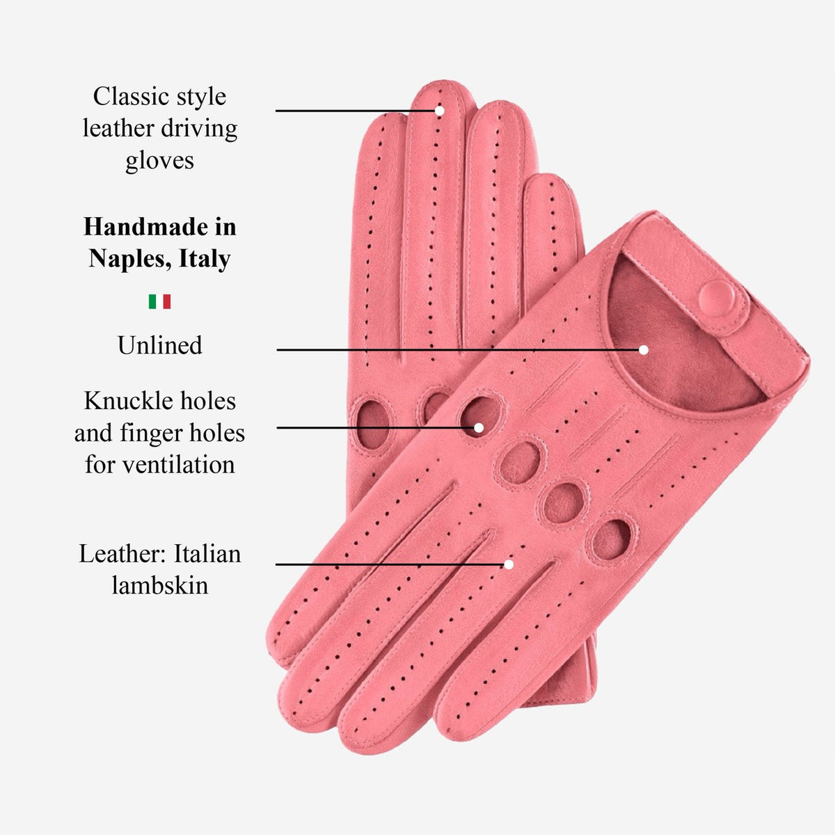 Pink leather driving gloves with features labeled on a white background