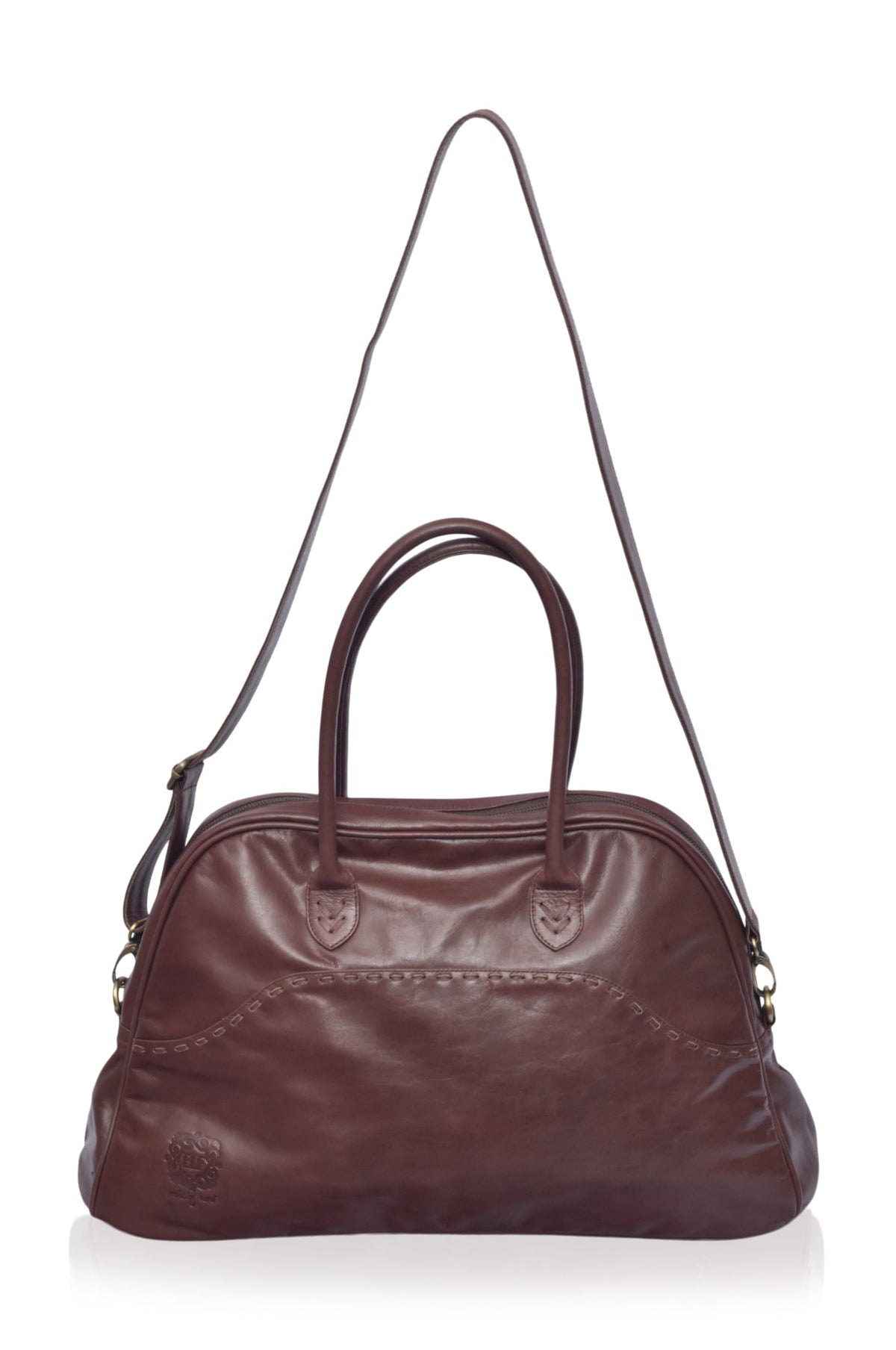 Brown leather handbag with a shoulder strap on a white background