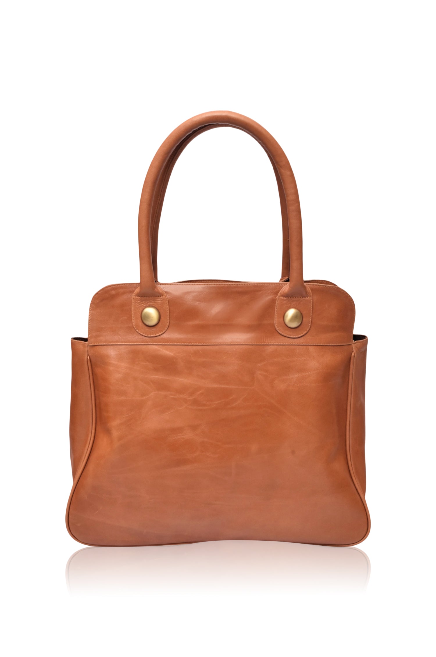 Tan leather handbag with gold buttons on a white background, back view