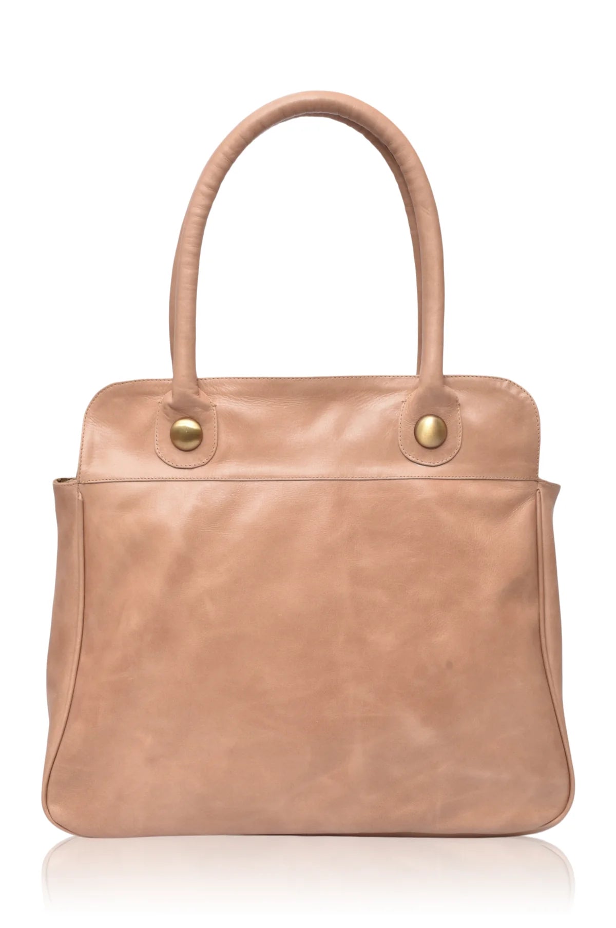 A structured beige leather handbag with double top handles and gold-tone metal snap buttons, shown against a plain white background