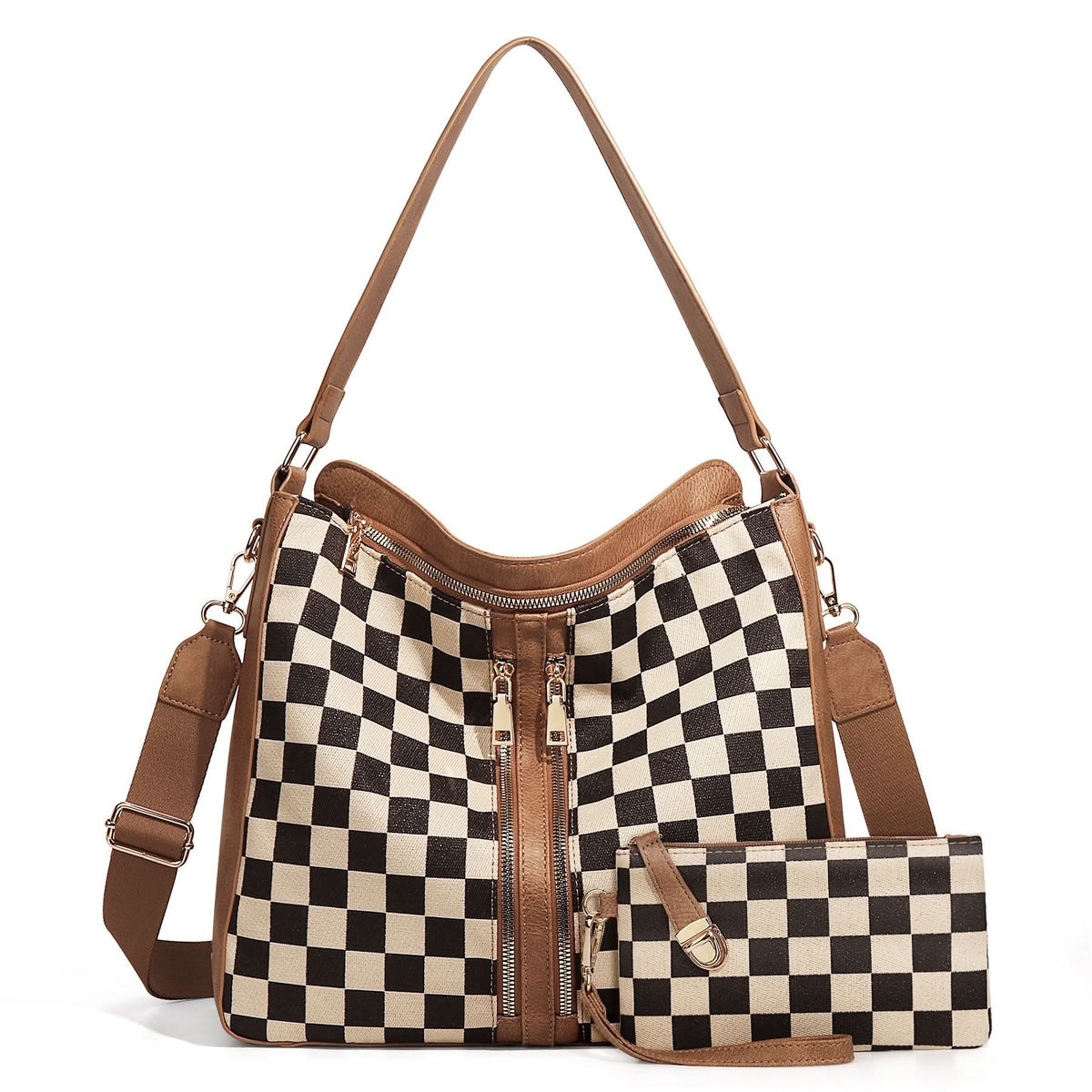 Cognac checkered convertible hobo bag and matching wristlet on white background.