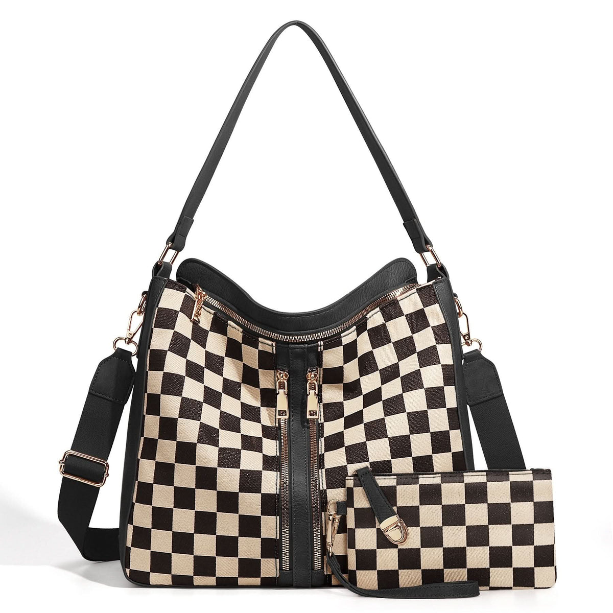 Black and cream checkered hobo bag with matching wristlet on white background.