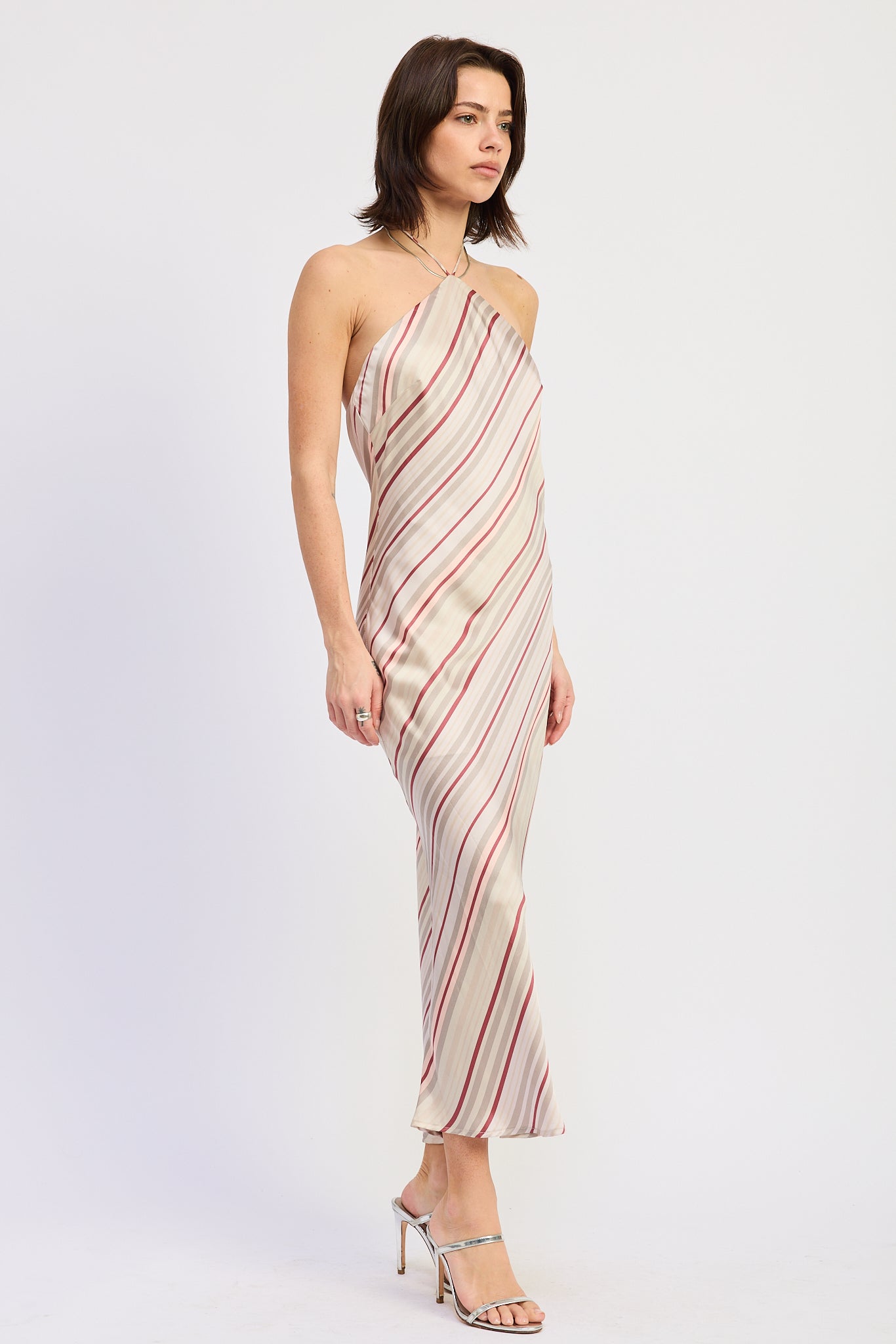 After Hours Striped Halter Maxi Dress with halter neckline and diagonal stripe print, side view