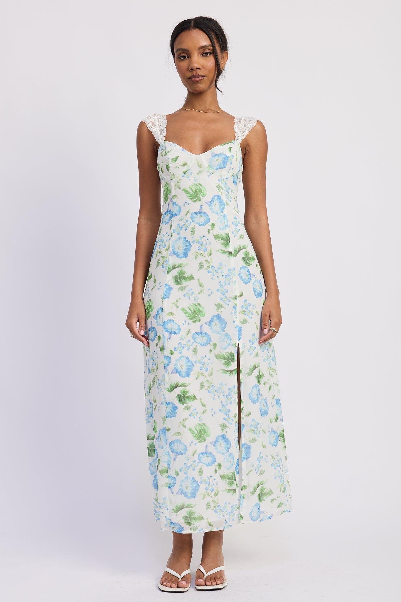 Something Blue Floral Chiffon Maxi Dress with lace trimmed straps and sweetheart neckline front view, AVAH