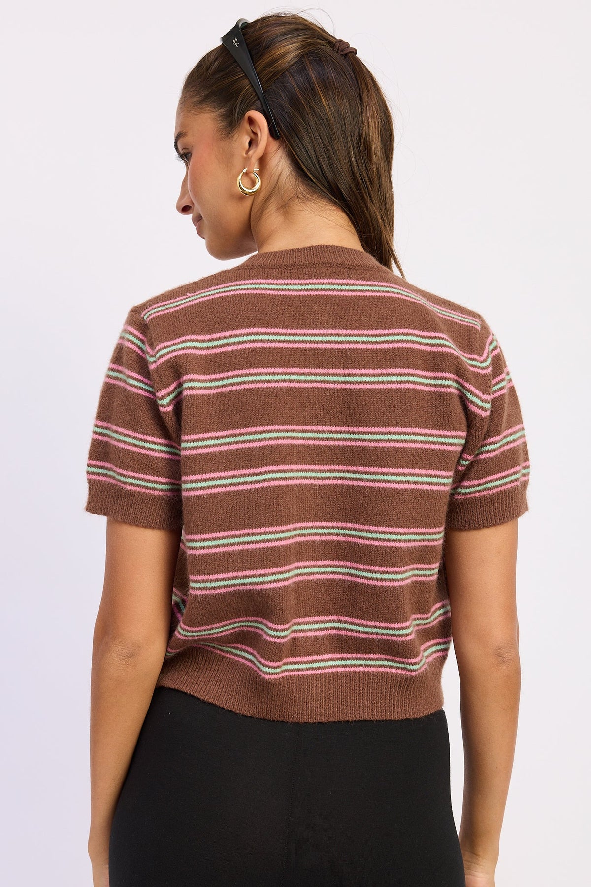 Back view of Varsity Lines short sleeve cardigan in Brown Combo showing horizontal pink and green stripes.