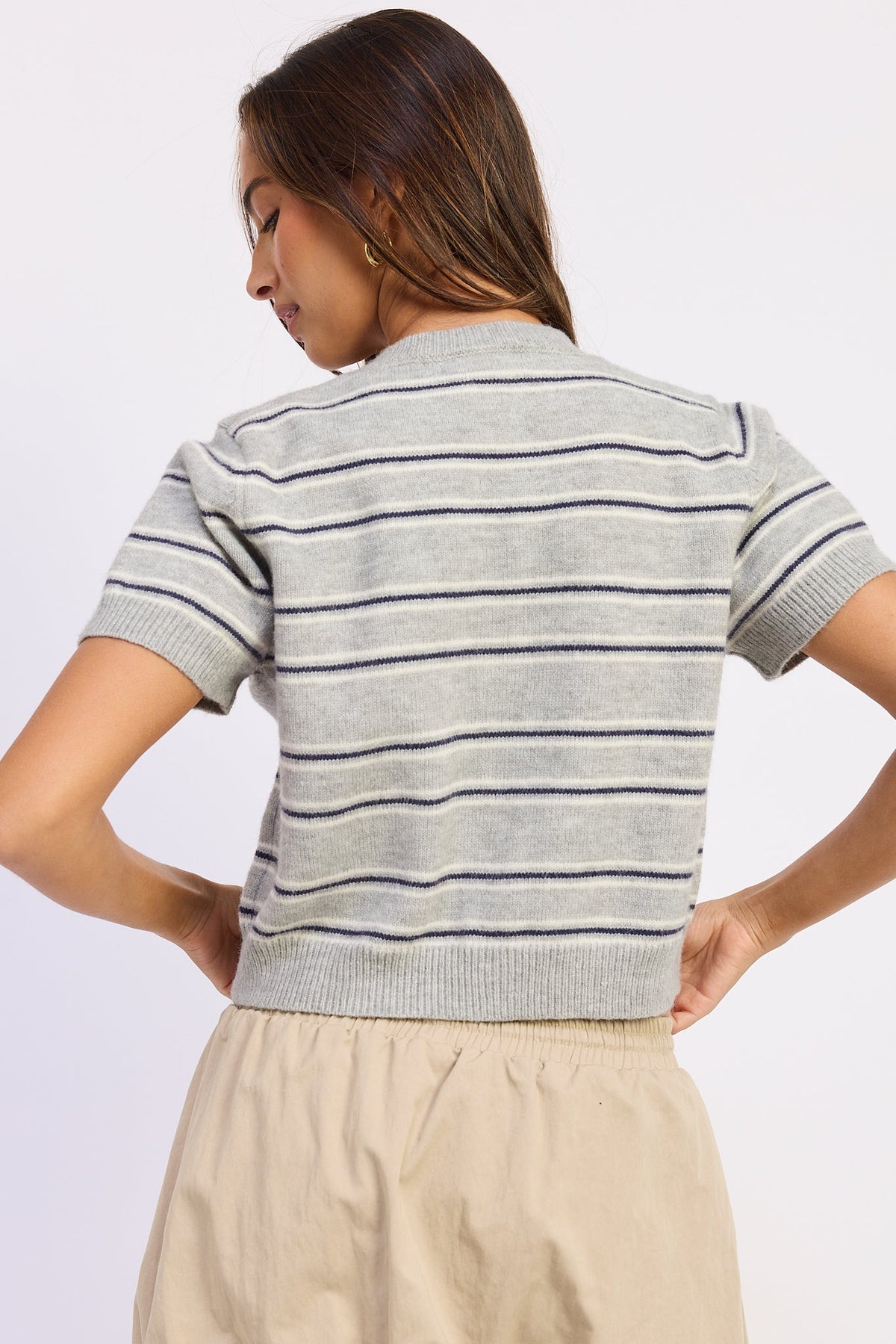 Back view of Varsity Lines short sleeve cardigan in Heather Grey Combo with navy and ivory horizontal stripes.