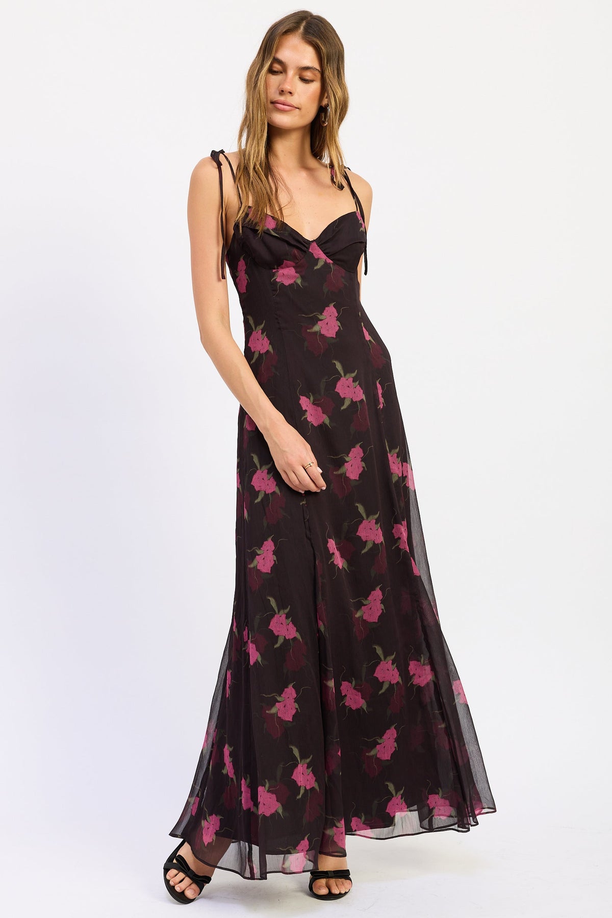 Alessandra Floral Maxi Dress with pink and burgundy flowers, fitted sweetheart bodice and sheer flowing hem, full length view.