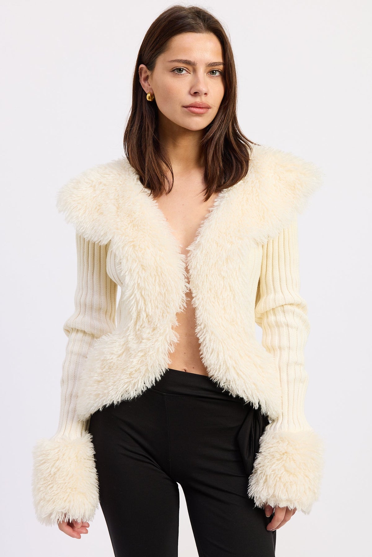 Aspen Faux Fur Trim Knit Cardigan in ivory with oversized faux fur collar, ribbed sleeves and plush cuffs, front view.