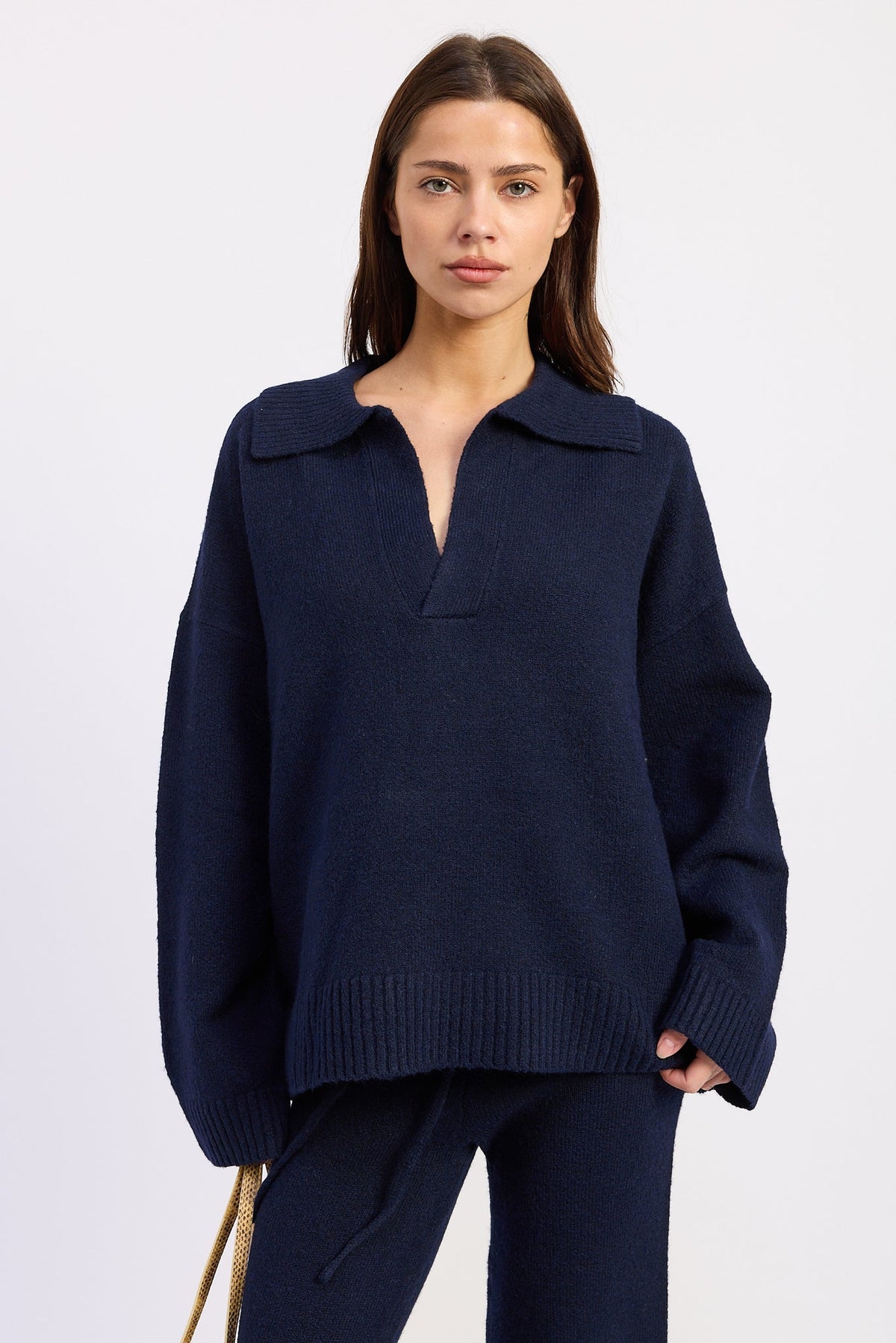 Harbor Lounge Navy Collared Sweater with oversized collar, open V neckline and relaxed knit silhouette, front view.