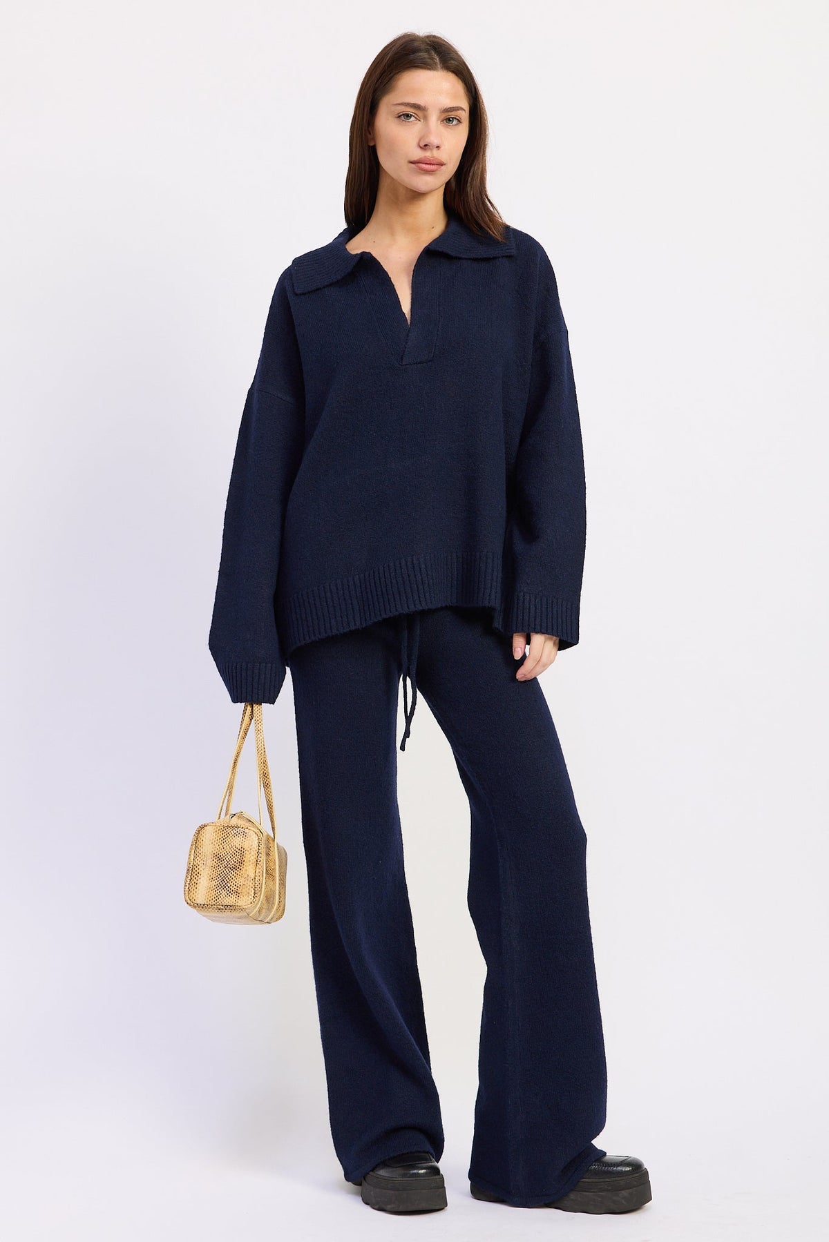 Harbor Lounge Navy Collared Sweater styled with coordinating navy wide leg knit pants, full front view.