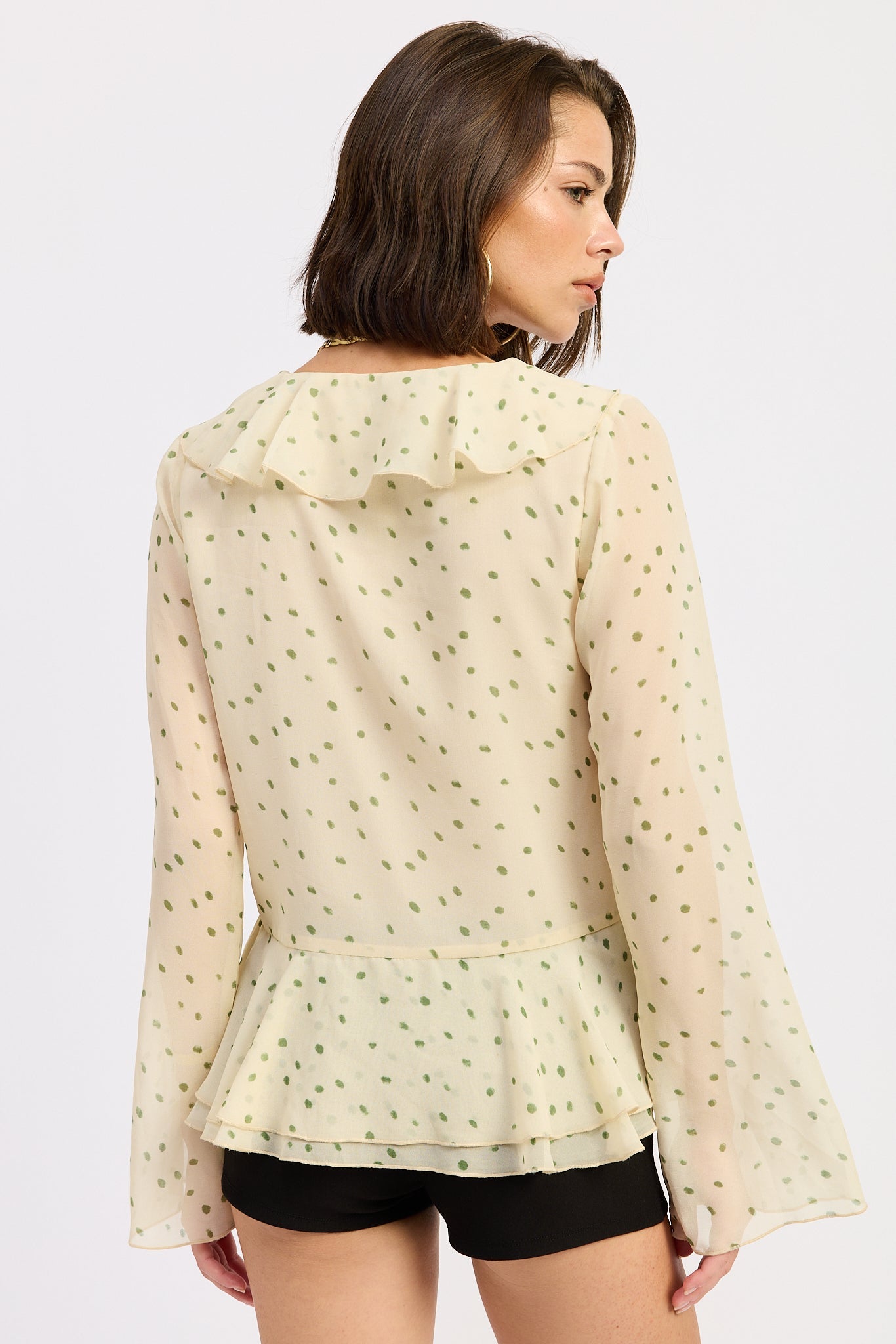 ivory green ruffle tie front blouse long sleeve sheer top women back view