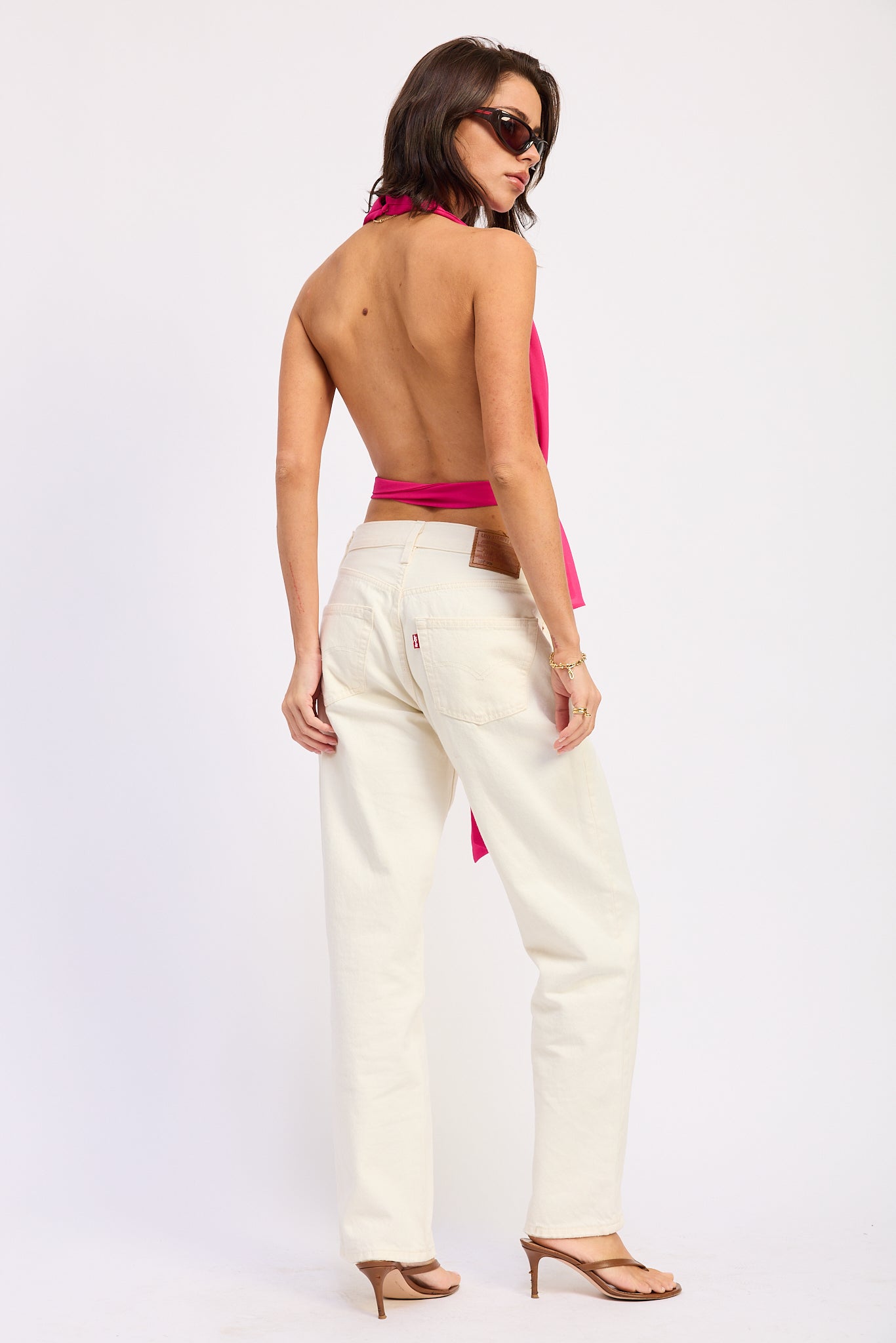 magenta bright pink halter top with deep V neckline and tie waist back view