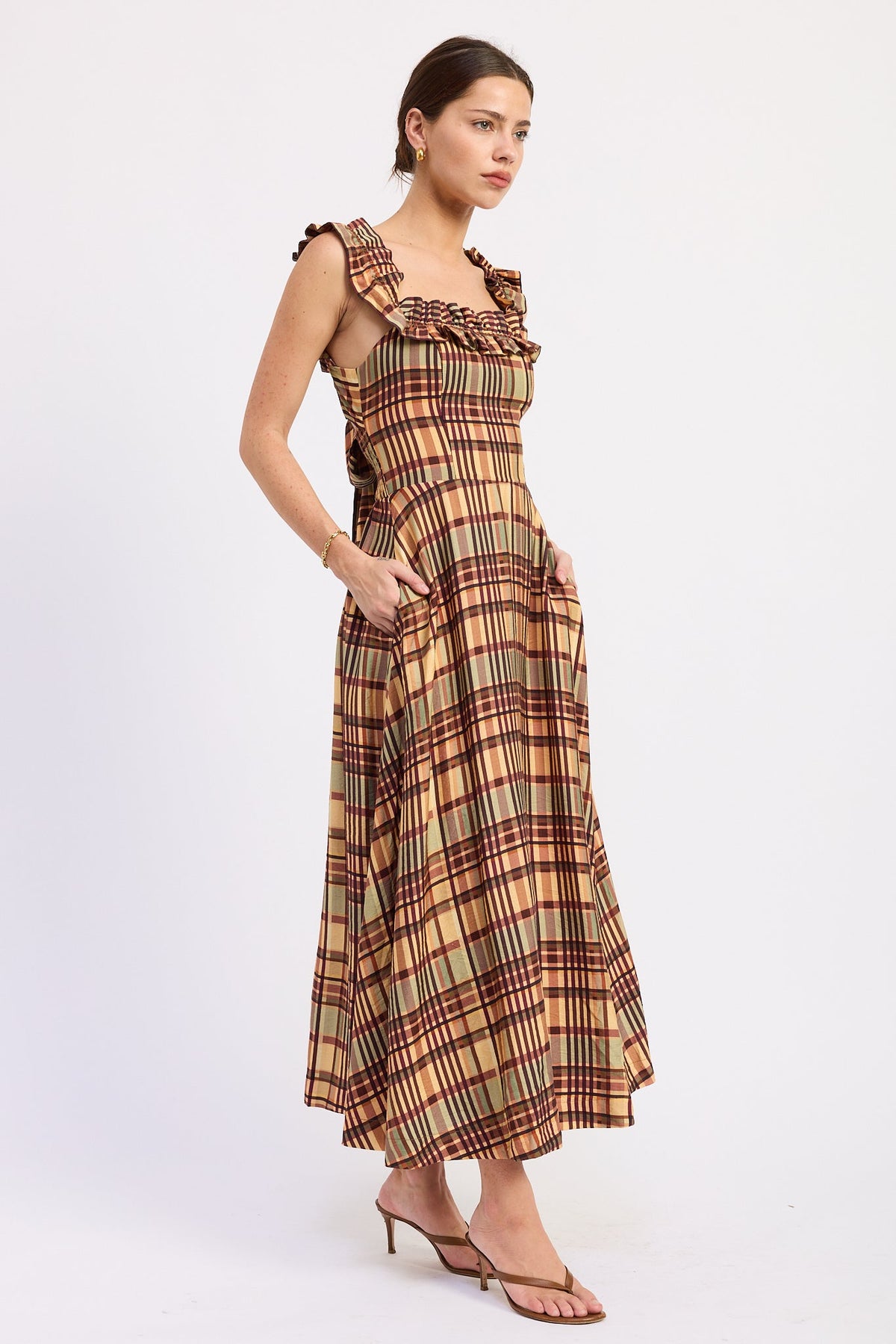 Side view of Autumn in Plaid Midi Dress showing fitted bodice, side pockets and full A-line skirt.
