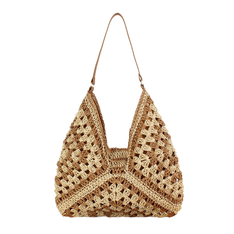Woven straw shoulder bag with Vegan leather fixed strap and magnetic clasp closure in khaki multi