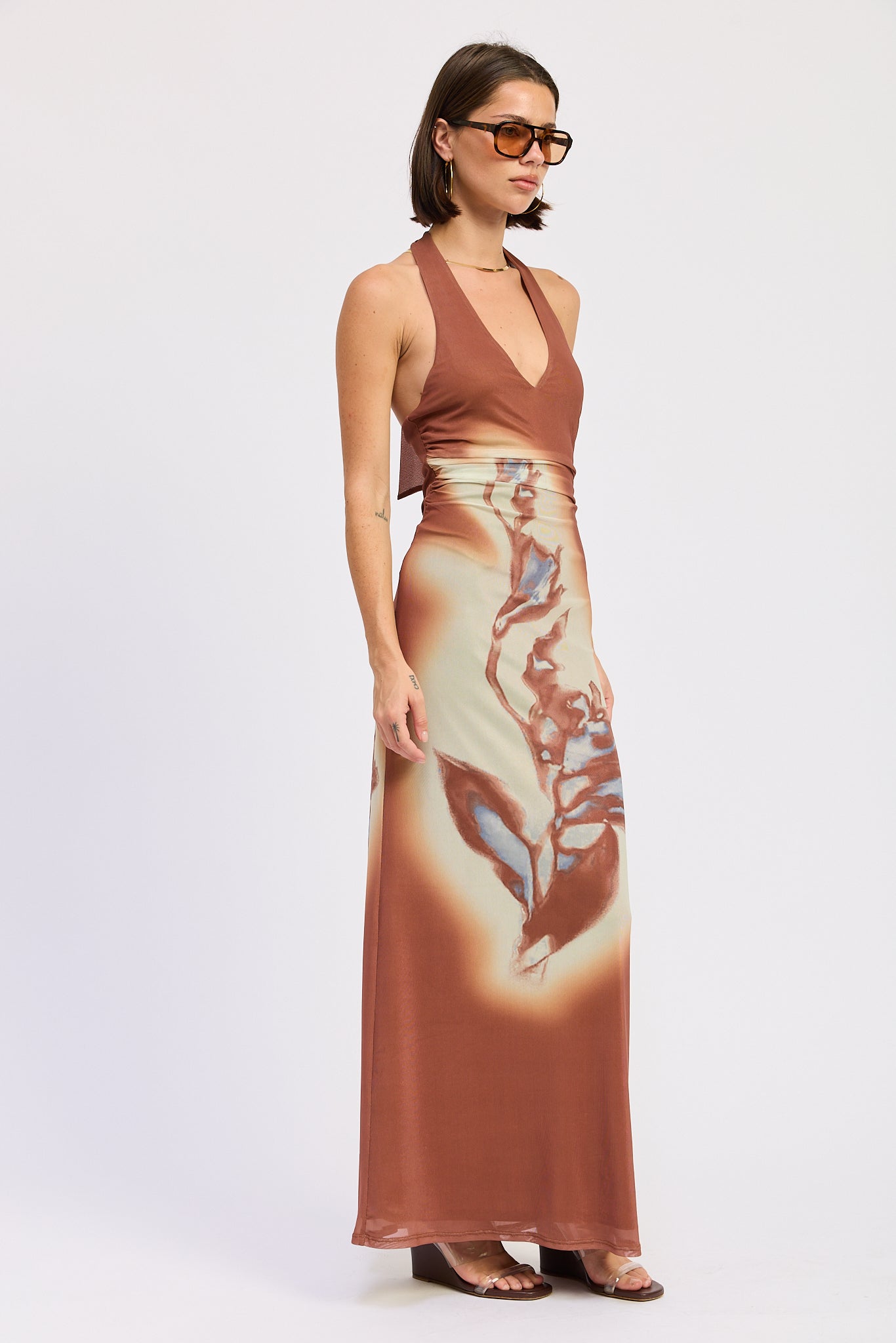 terracotta halter floral maxi dress side view