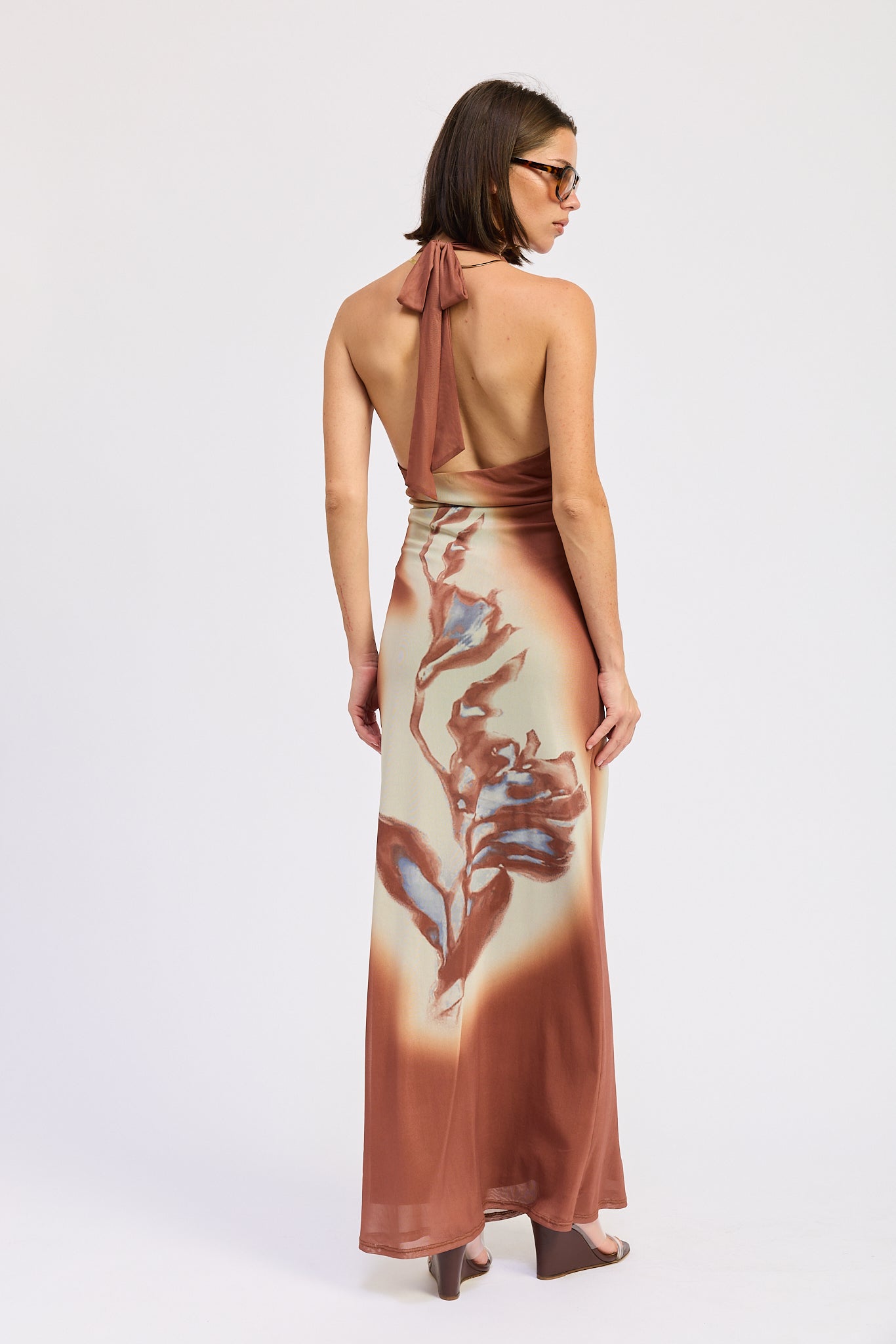 terracotta halter floral maxi dress back view