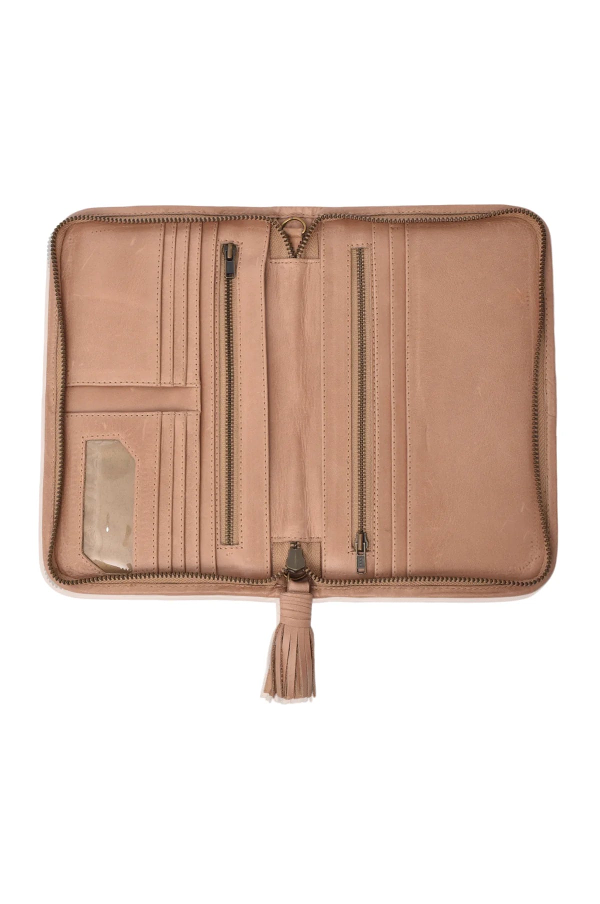 A beige zip-around wallet organizer with multiple interior card slots, zipper compartments, a clear ID window, and a tassel pull, shown open on a white background.