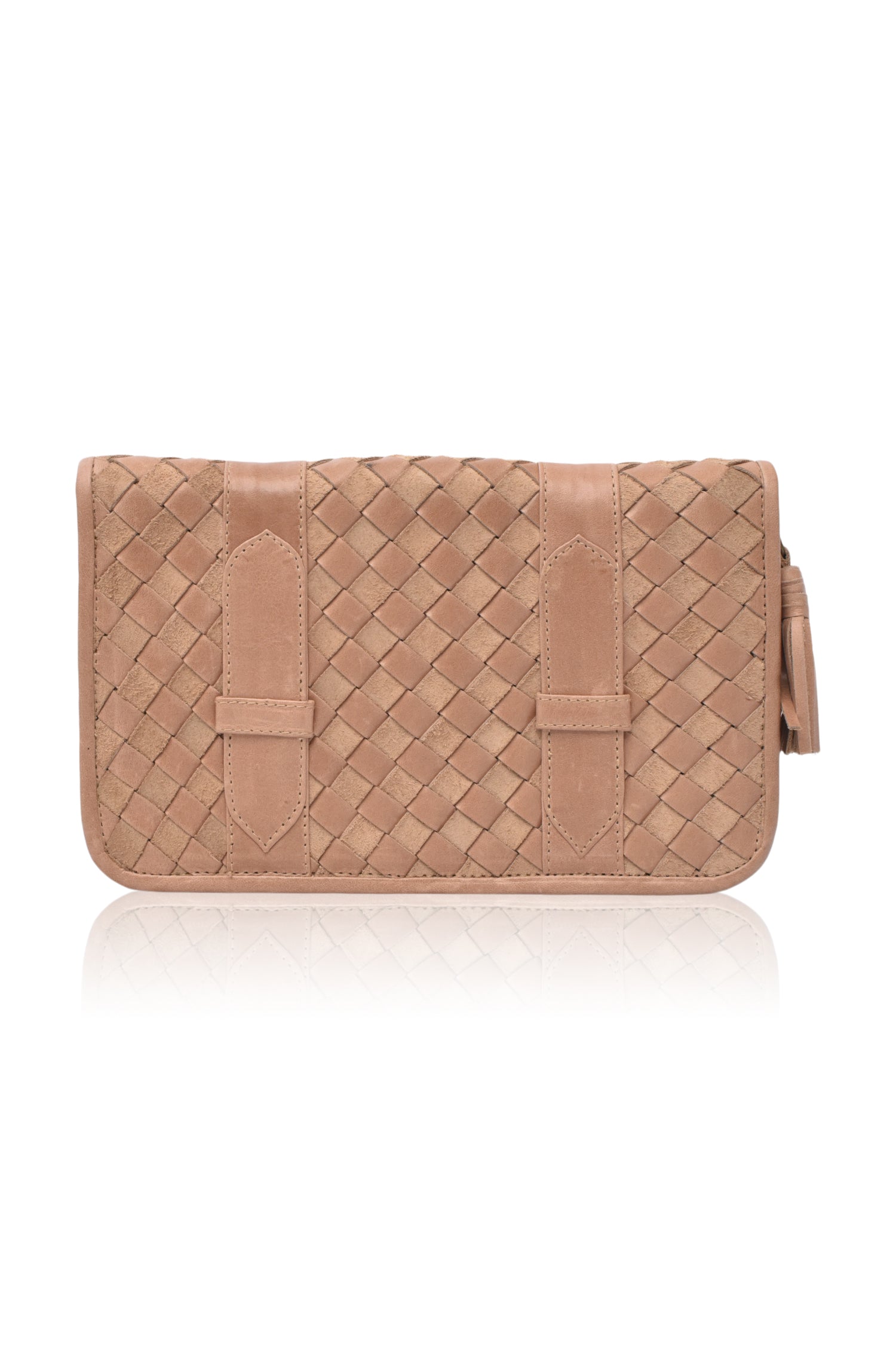 Beige leather woven clutch bag on a white background