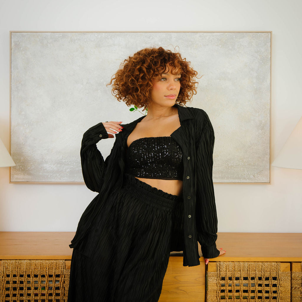 Midnight Poise Button Front Pleated Top - Black