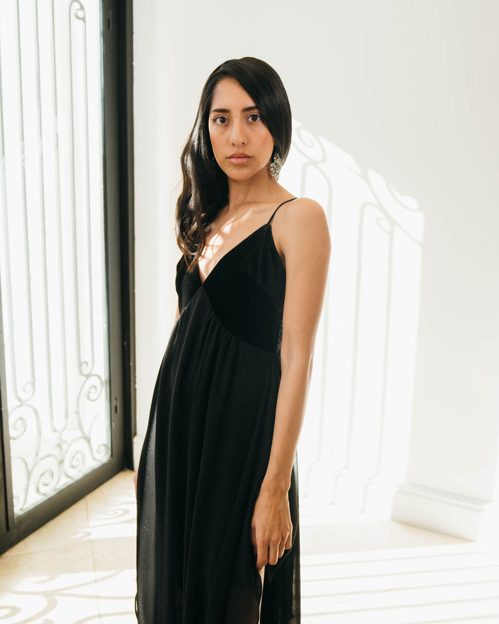 AVAH-Twilight Soirée Black V-Neck Velvet Maxi Dress