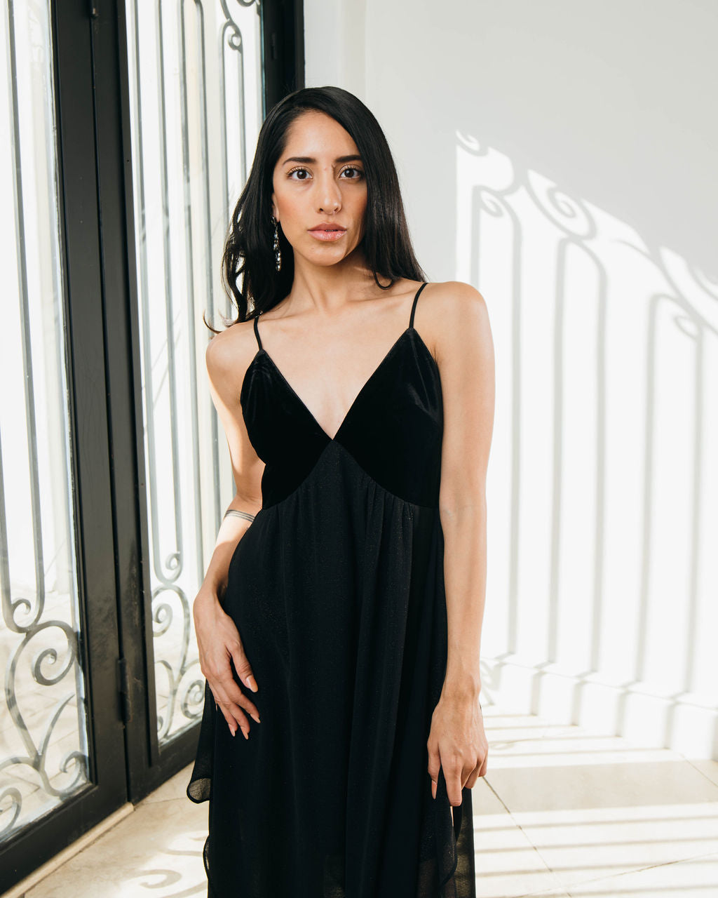 AVAH-Twilight Soirée Black V-Neck Velvet Maxi Dress