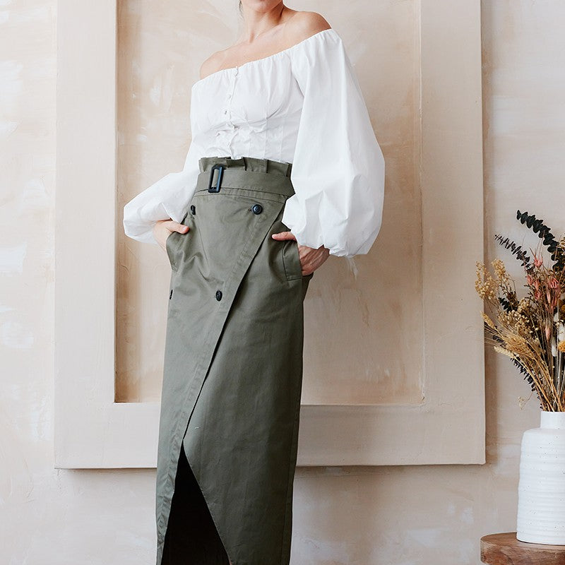 Olive Whisper High Waisted Wrap Midi Skirt-Olive Green-Avah