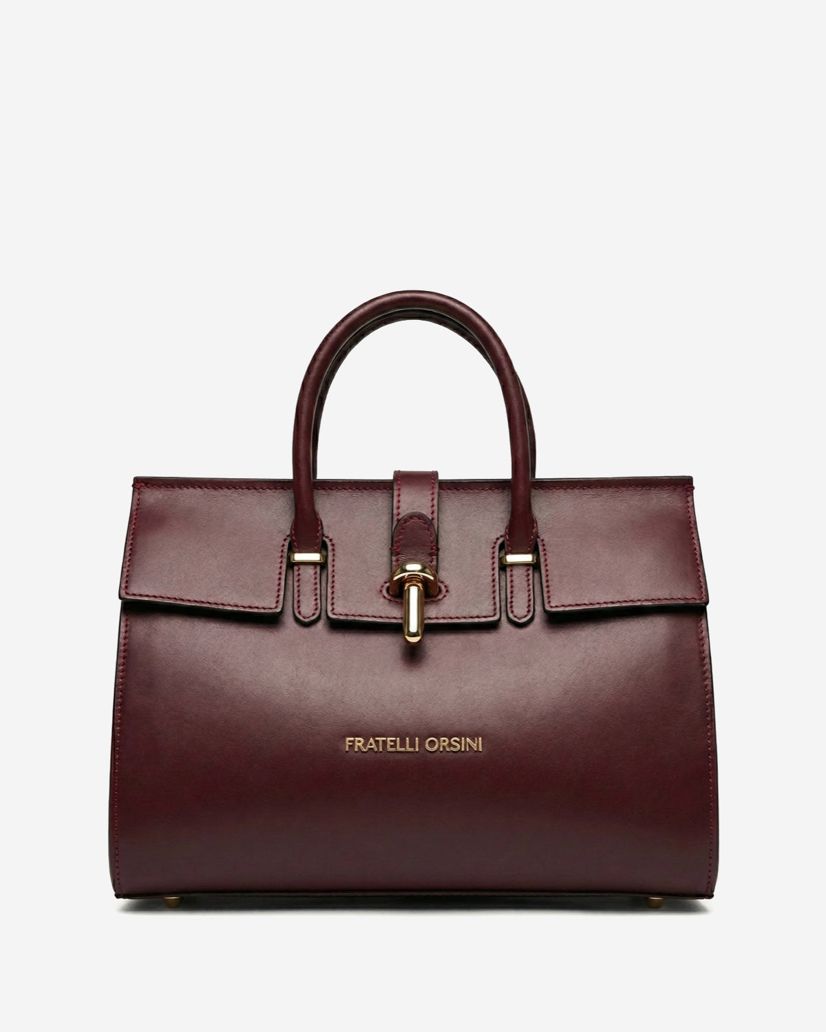 Burgundy handbag with gold accents on a light gray background