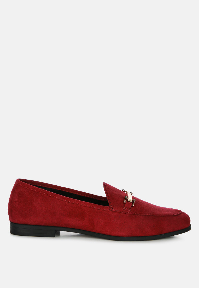 Burgundy faux suede loafer shoe on a white background