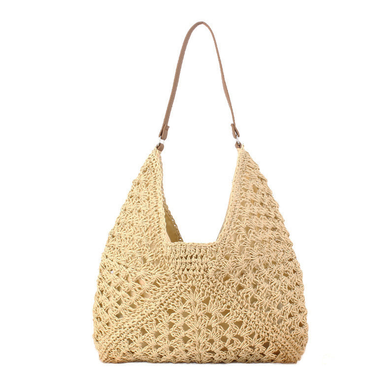 Woven straw shoulder bag with Vegan leather fixed strap and magnetic clasp closure