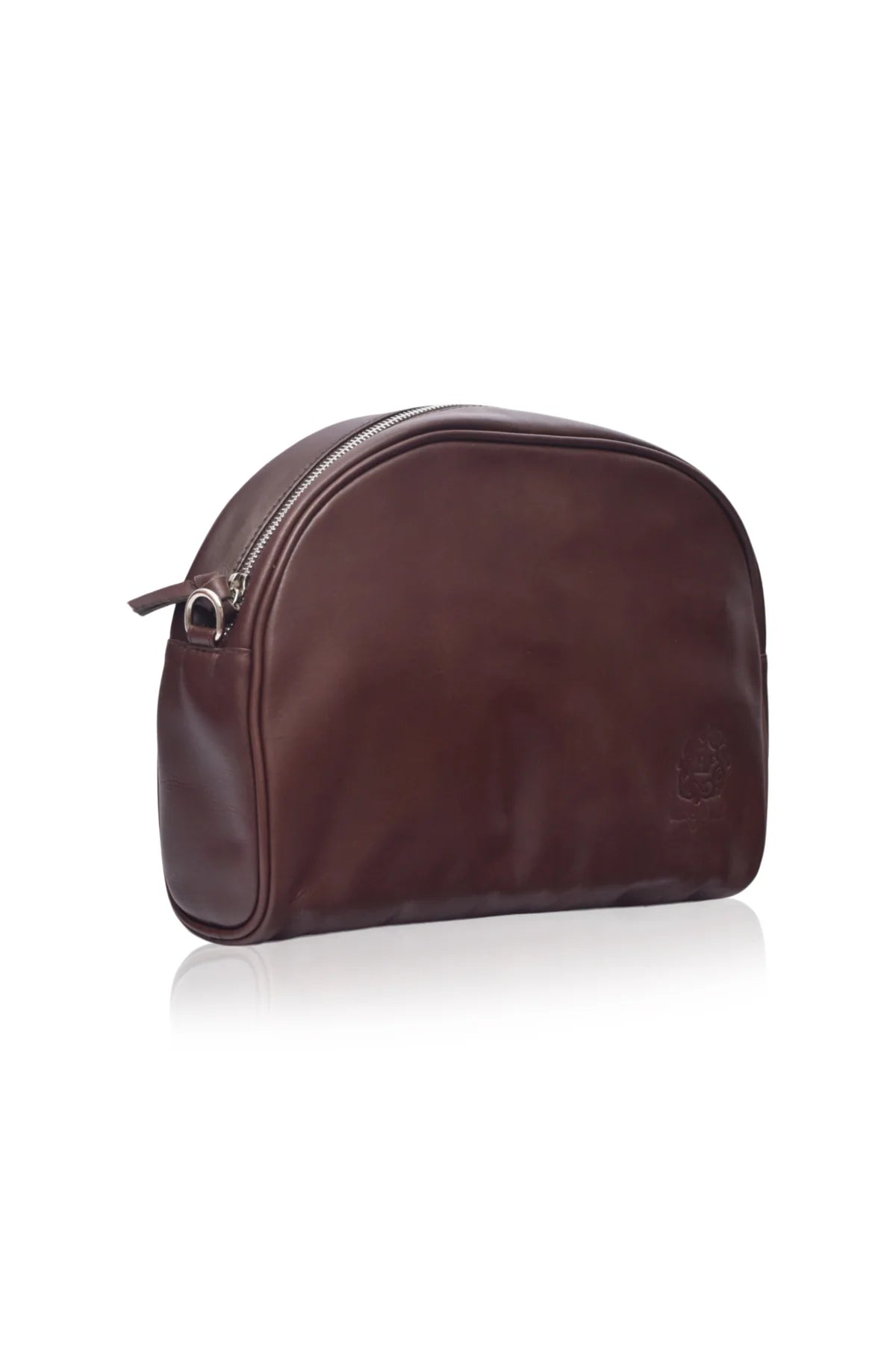 A dark brown leather clutch handbag with a rounded semi-circular shape, featuring a top zipper with a silver-tone metal pull and a small embossed logo on the front right side, set against a plain white background with a soft reflection below.