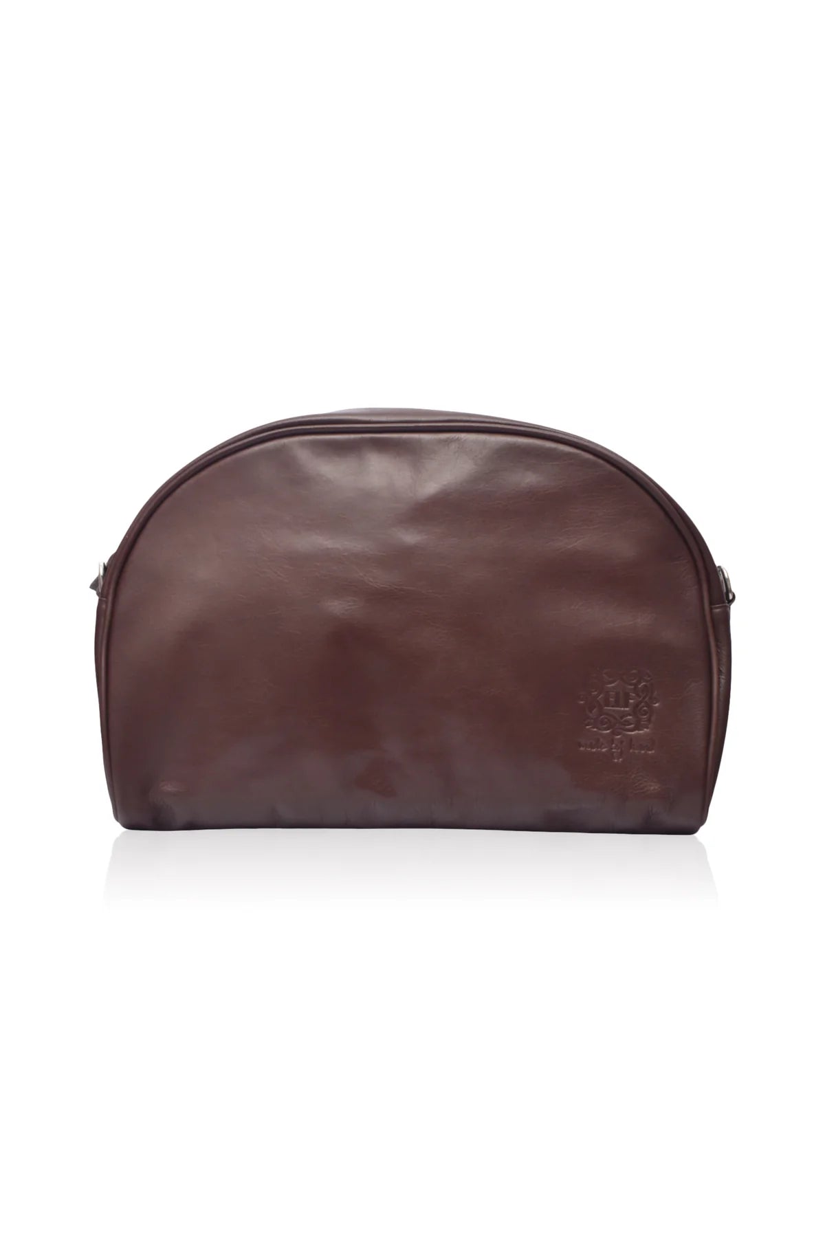 A dark brown leather clutch handbag with a rounded semi-circular shape, featuring a debossed logo on the lower right side, set against a plain white background with a subtle reflection, front view.