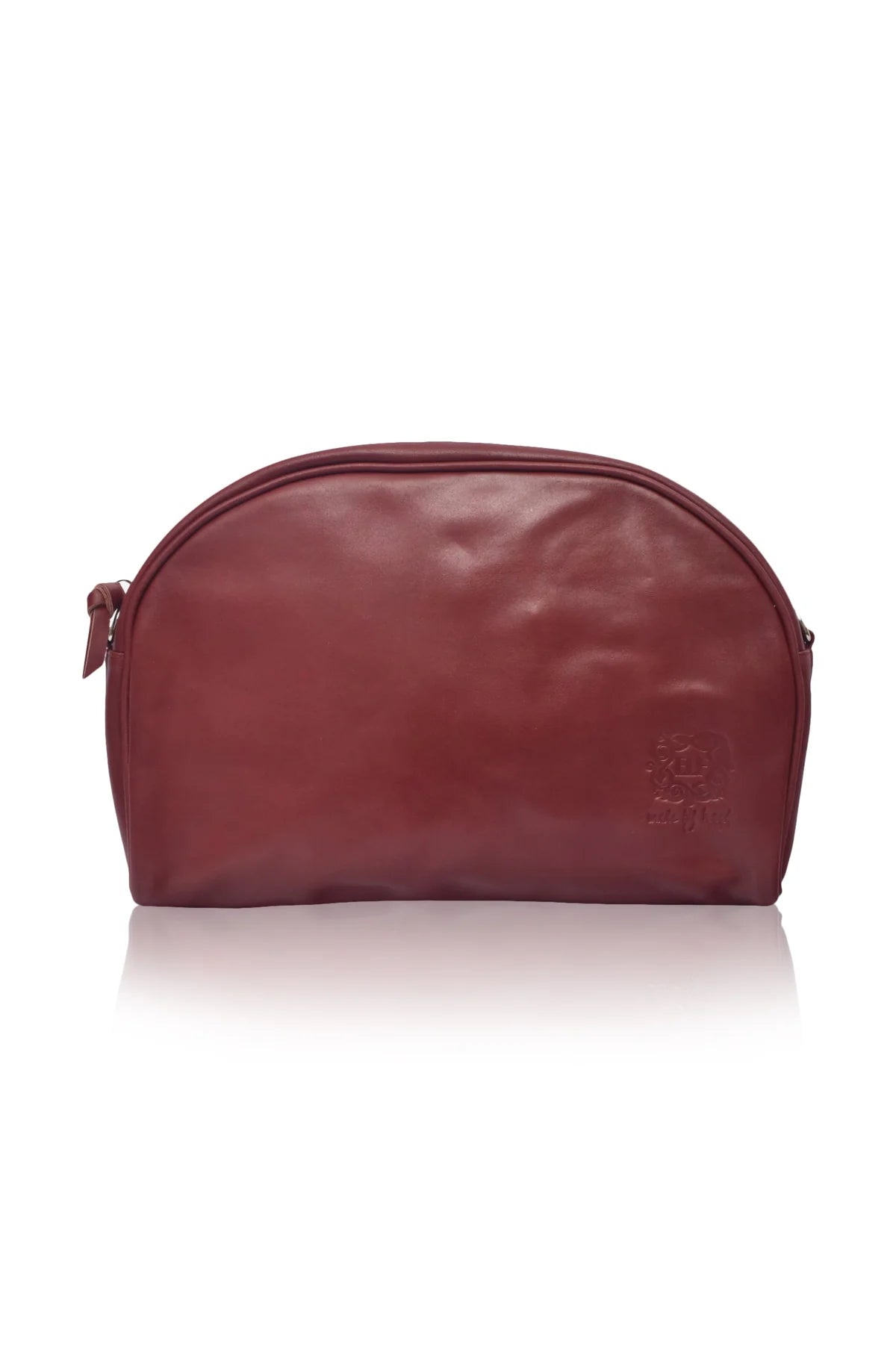 A maroon leather clutch handbag with a rounded semicircular shape, featuring a top zipper closure and a small embossed logo on the front right side, set against a plain white background with a soft reflection below, front view
