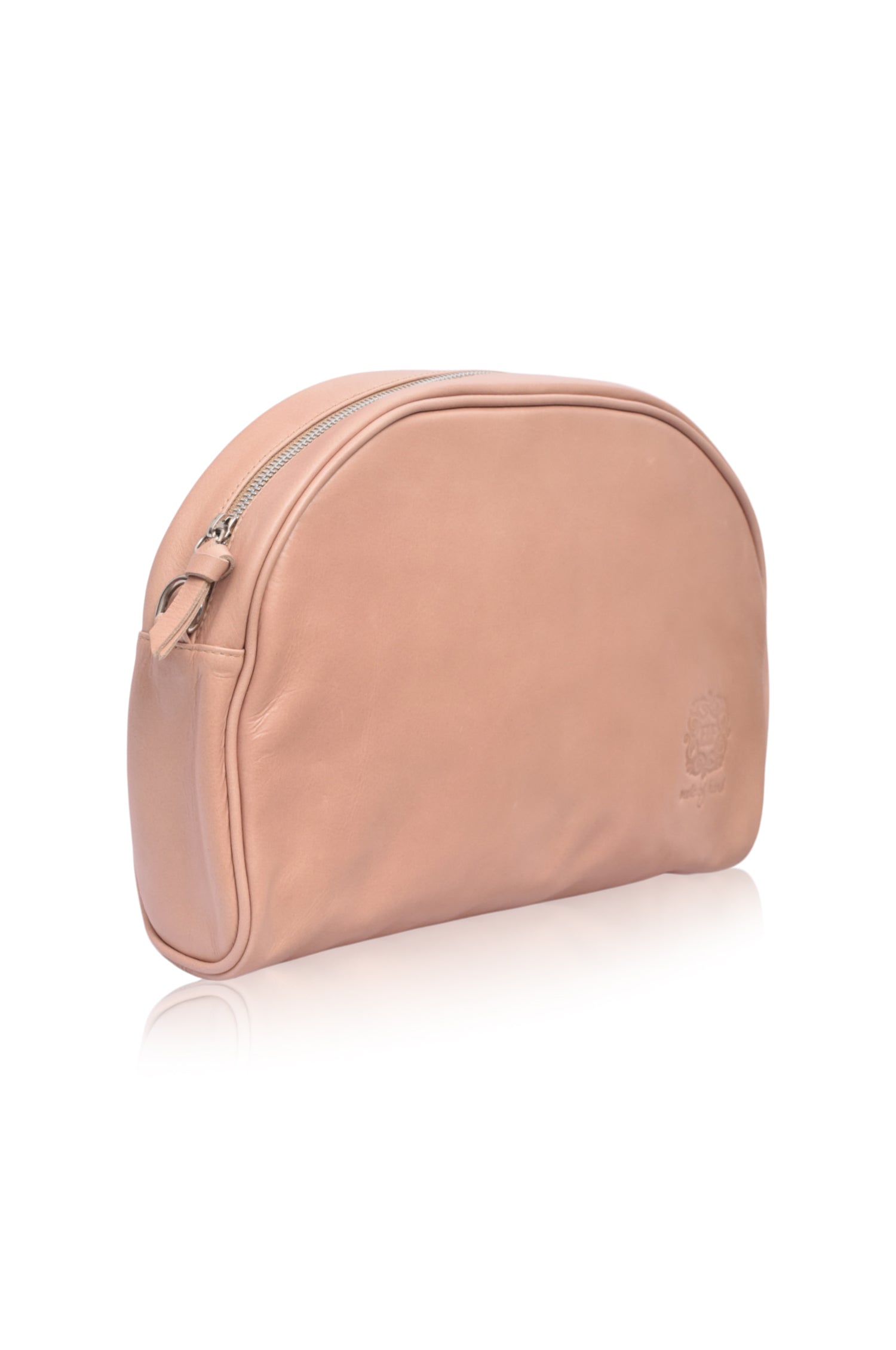 Beige leather clutch bag with a visible brand logo on a white background 3/4 view