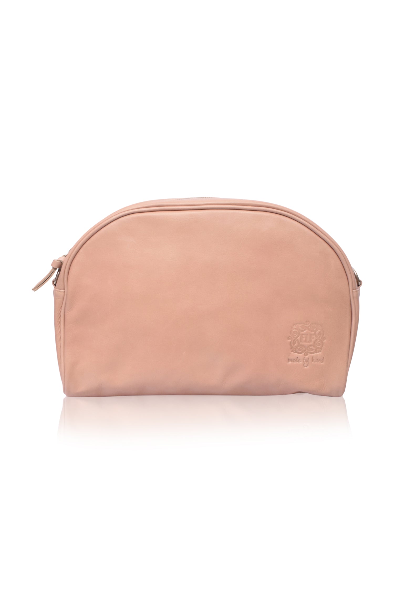 Beigh leather clutch bag with a brand logo on a white background, front view