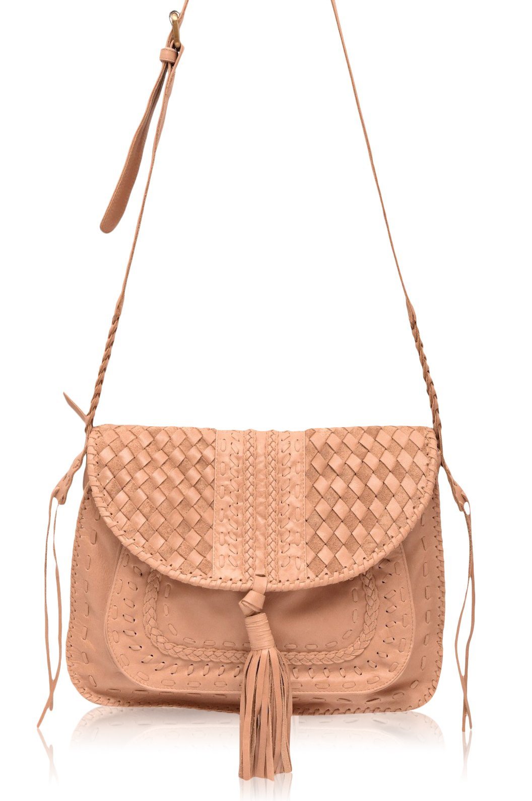 Beige woven handbag with a long adjustable strap on a white background