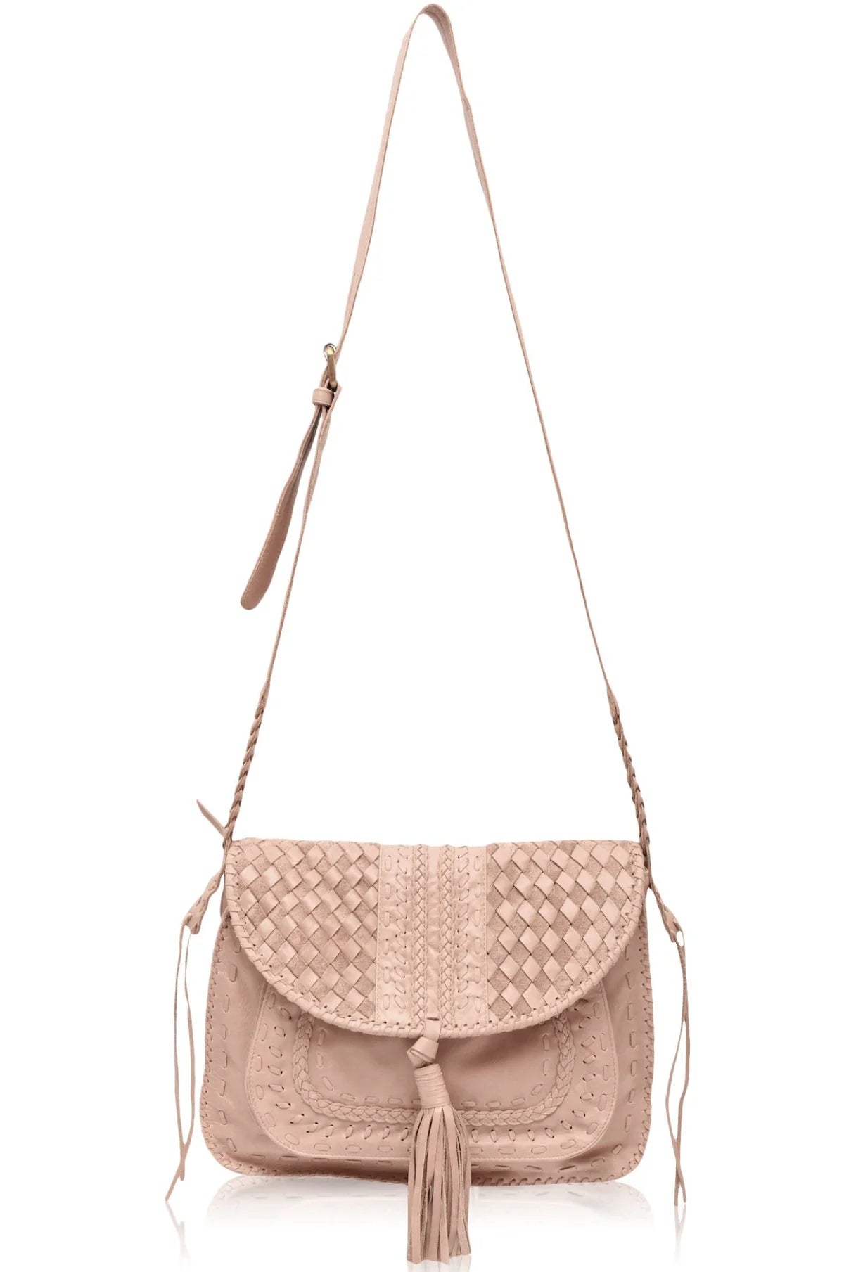 Beige woven handbag with a long adjustable strap on a white background