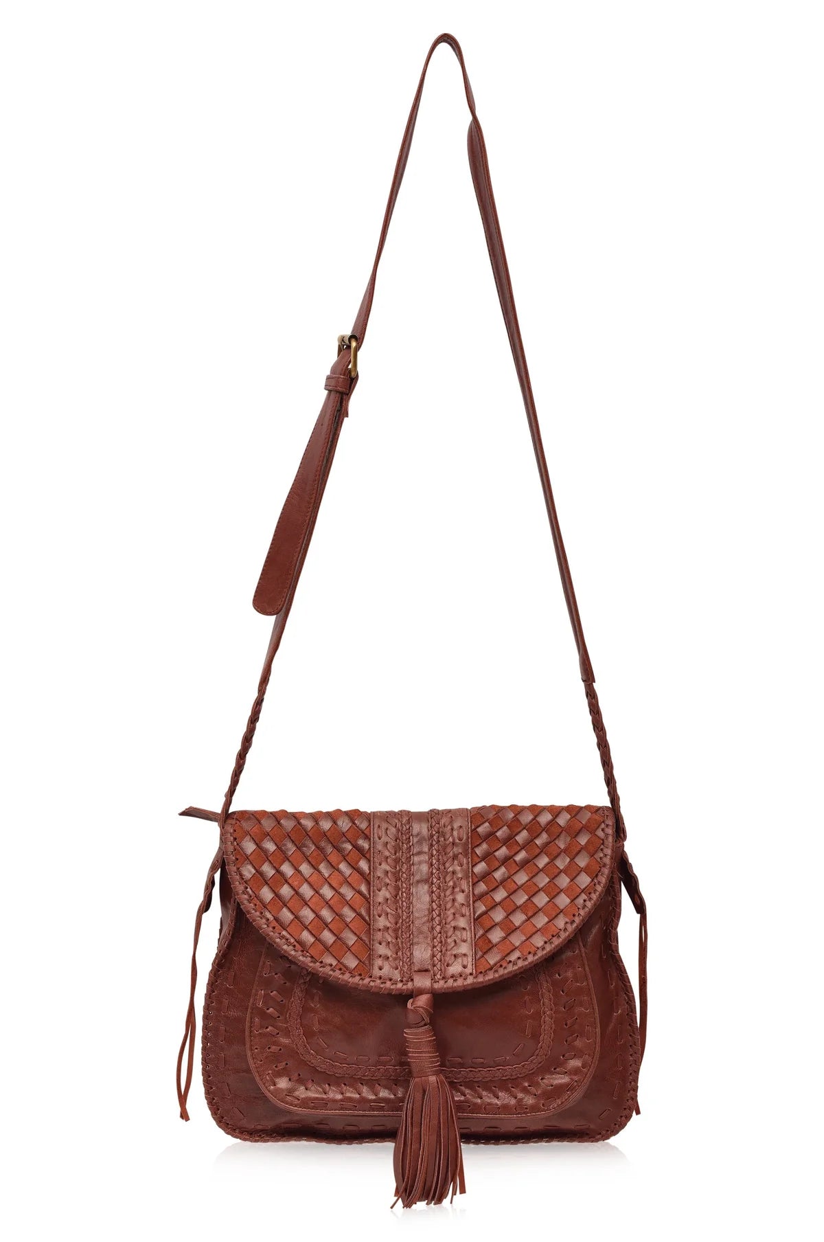 Brown worn leather woven handbag with a strap on a white background