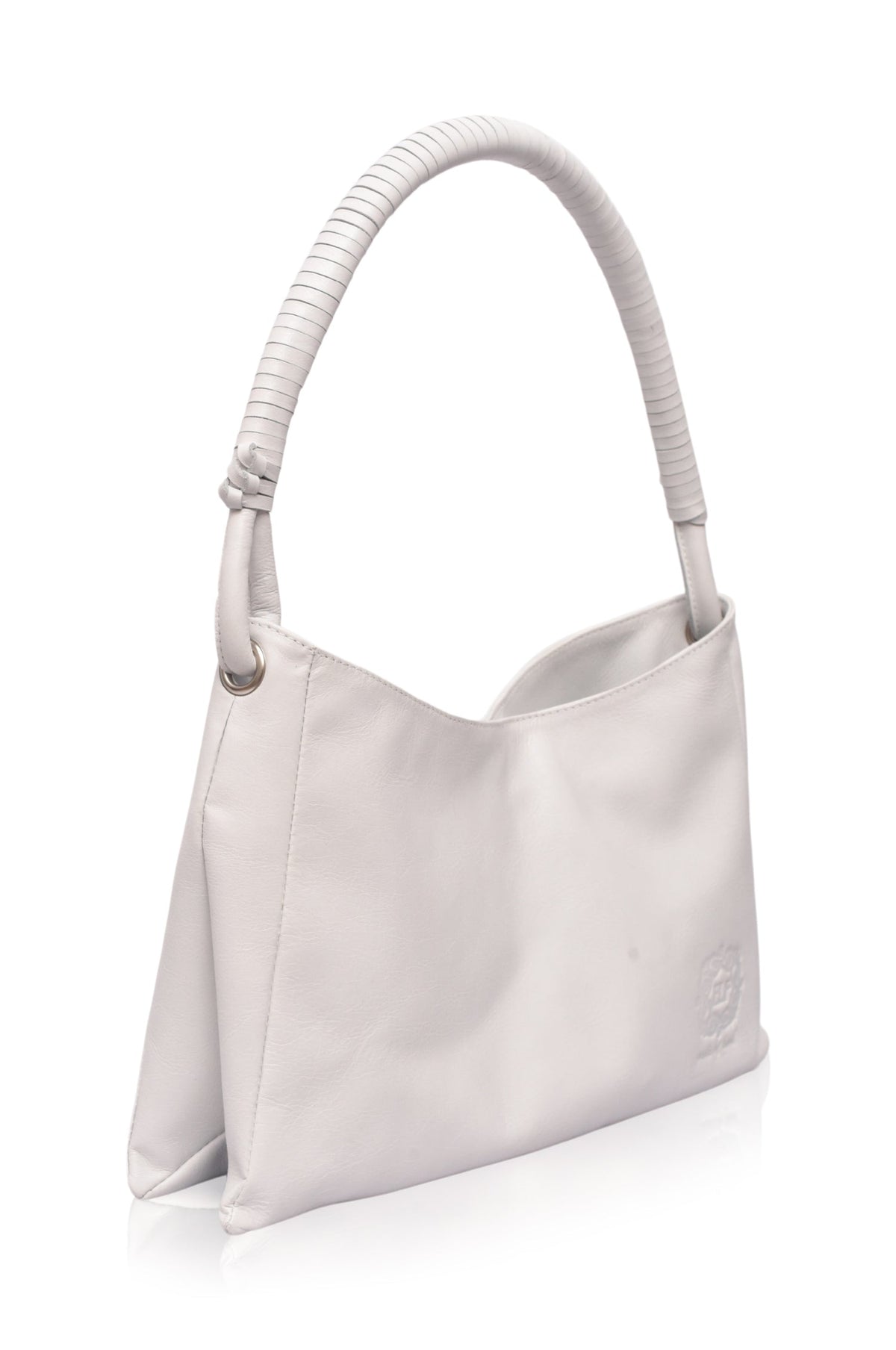 White handbag with a flexible handle on a white background