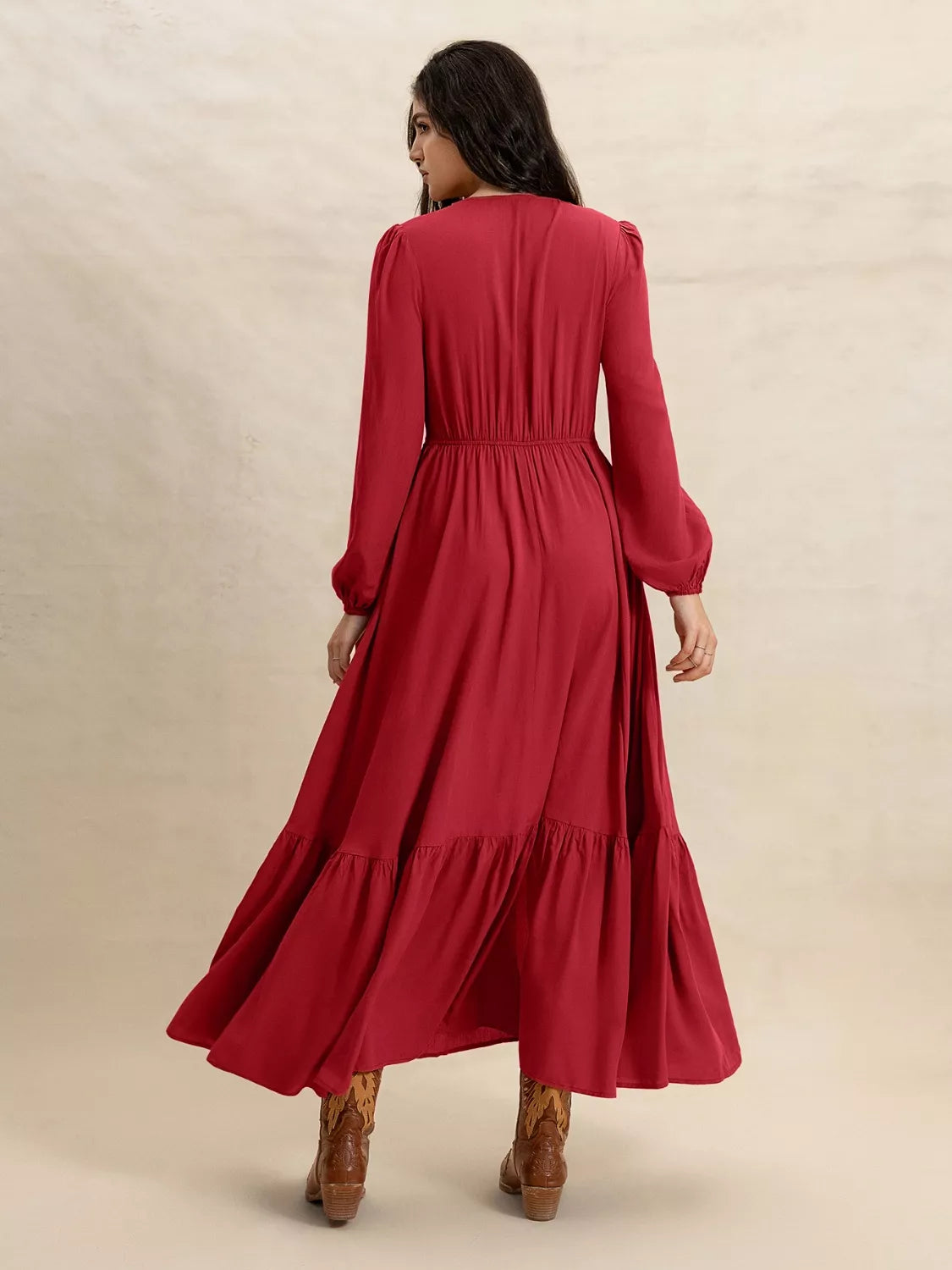 Scarlett Grace Button Front Maxi Dress in deep scarlet red — back view