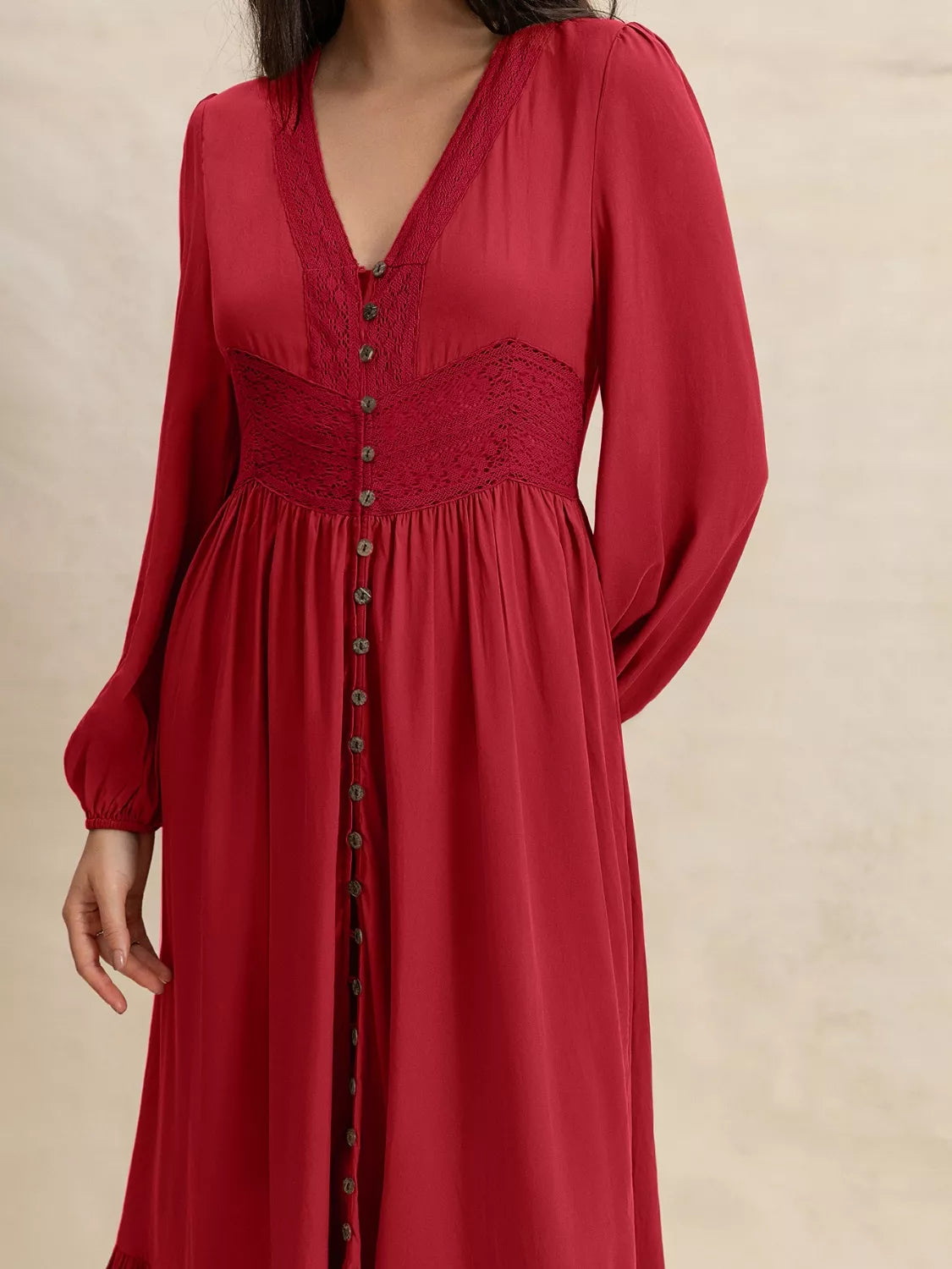 Scarlett Grace Button Front Maxi Dress in deep scarlet red — close-up of the lace detail and button-front bodice.