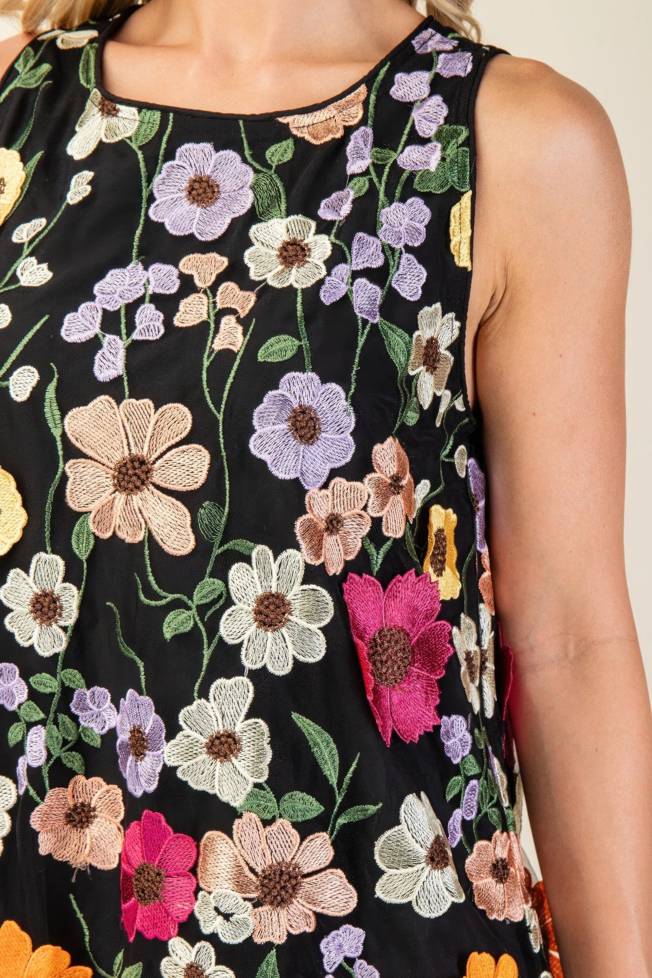 Detailed close-up of multi-color floral embroidery on black mesh fabric of sleeveless dress.