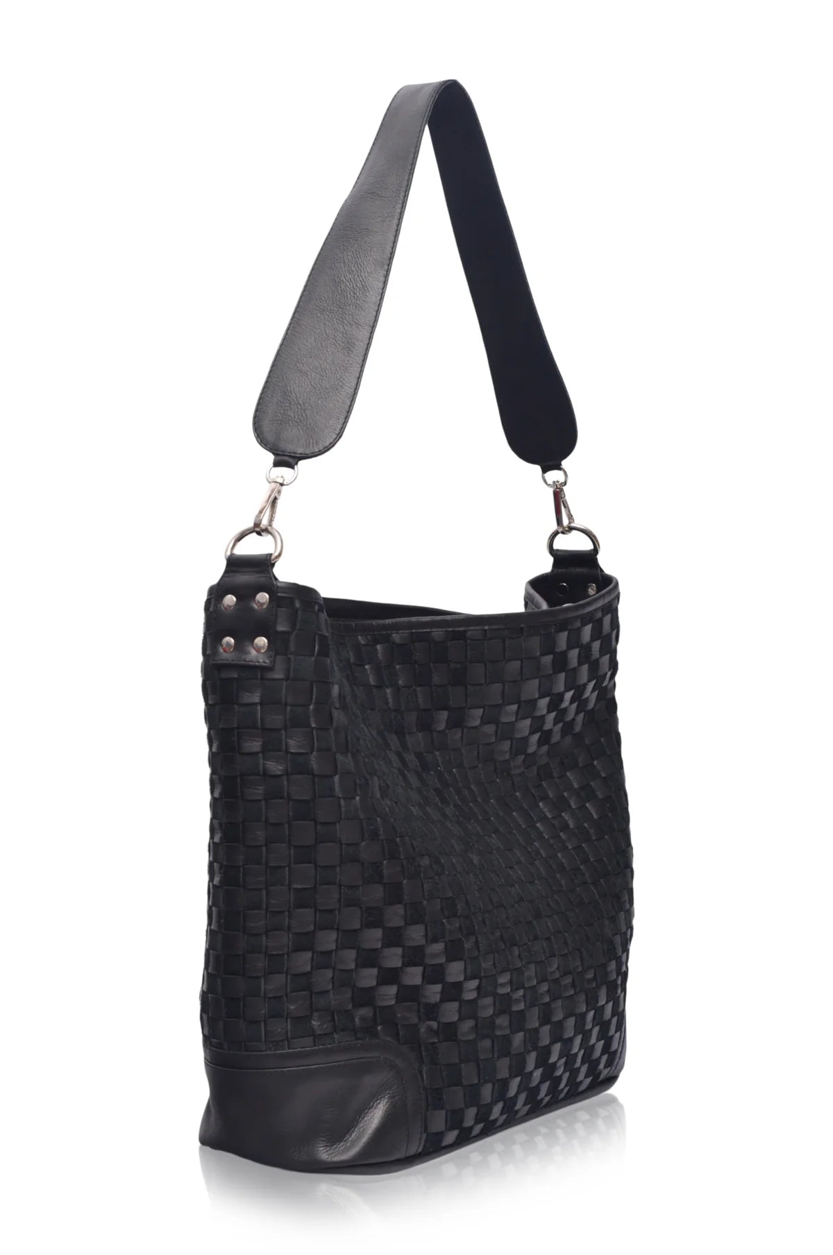 Side view of the black Soho Lane Woven Leather Shoulder Bag with wide leather shoulder strap