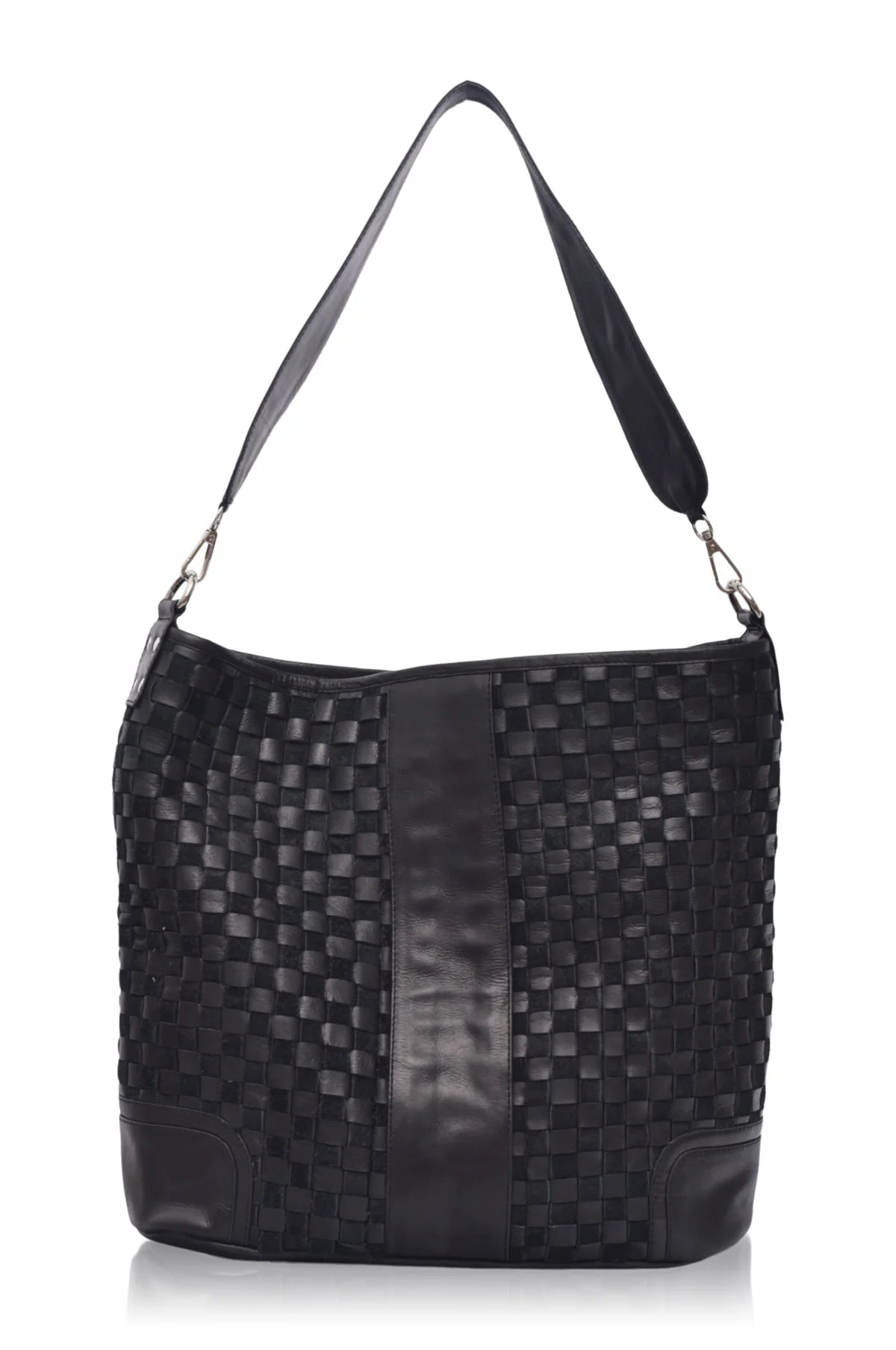 Back view of the black Soho Lane Woven Leather Shoulder Bag with handwoven genuine leather panels